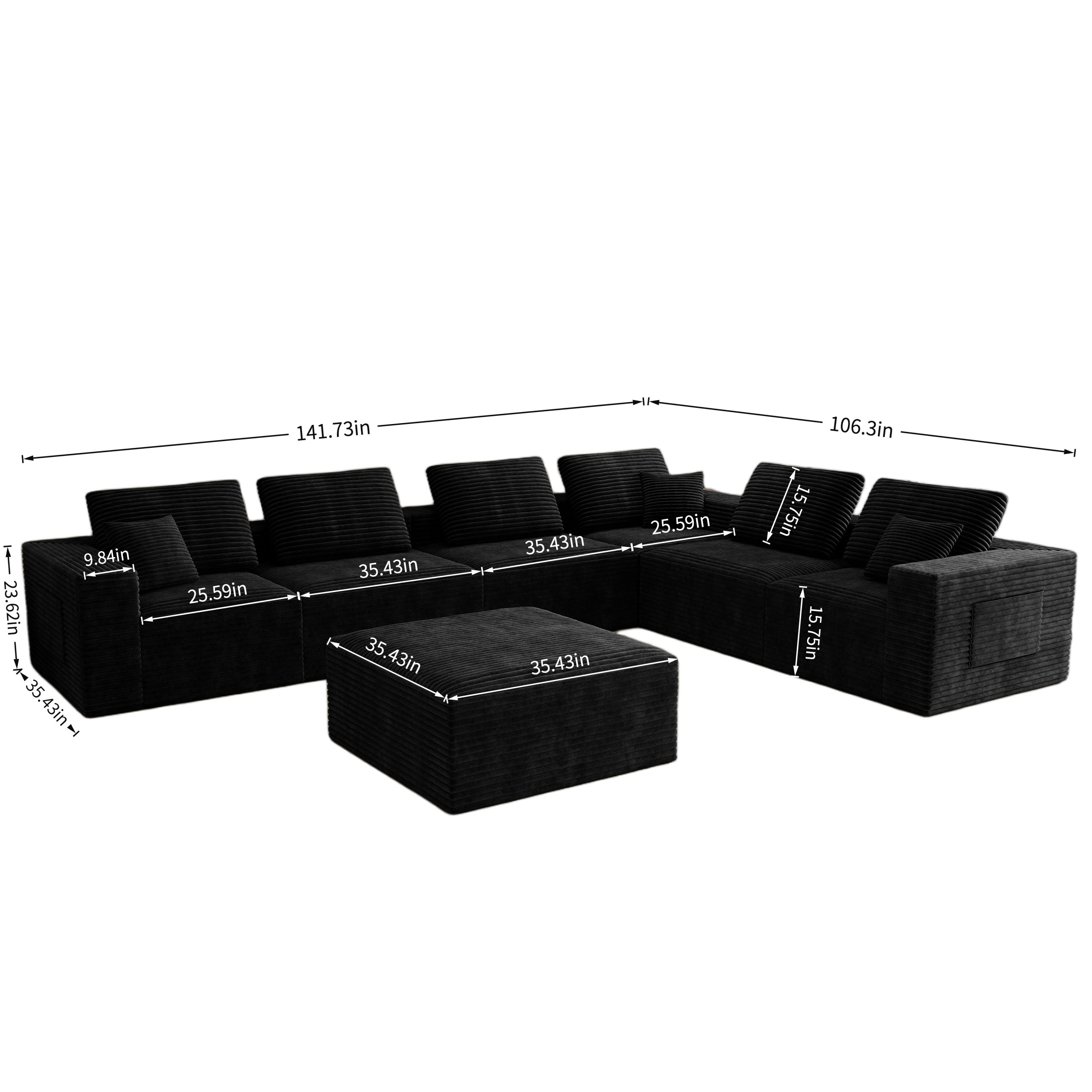 141.73*106.3"Modular sectional sofa seat,Upholstered compressed couch for living room,Bedroom,Apartment,No assembly required,7 PC free combination,Plush corduroy fabric,BLACK - Image 4