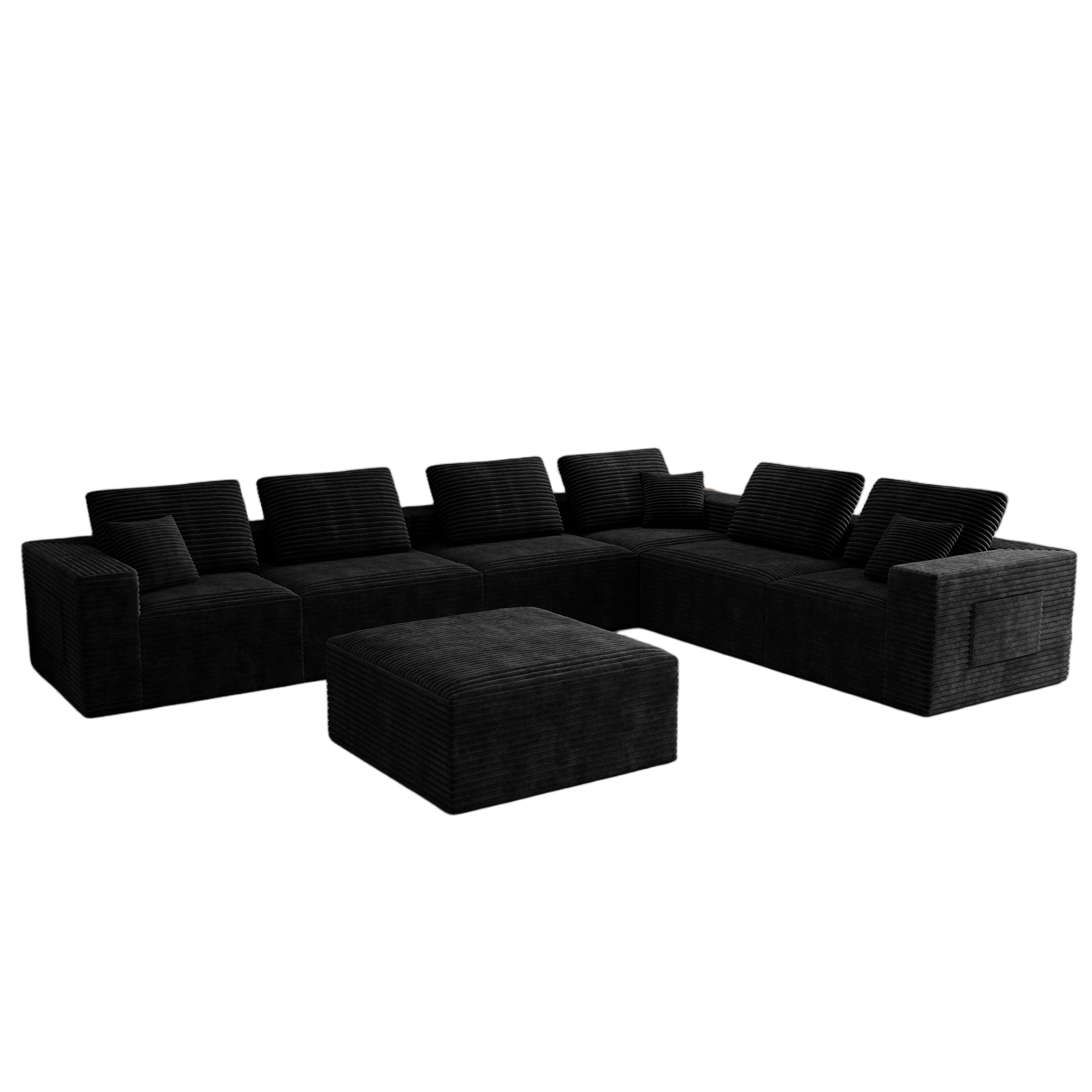 141.73*106.3"Modular sectional sofa seat,Upholstered compressed couch for living room,Bedroom,Apartment,No assembly required,7 PC free combination,Plush corduroy fabric,BLACK - Image 5