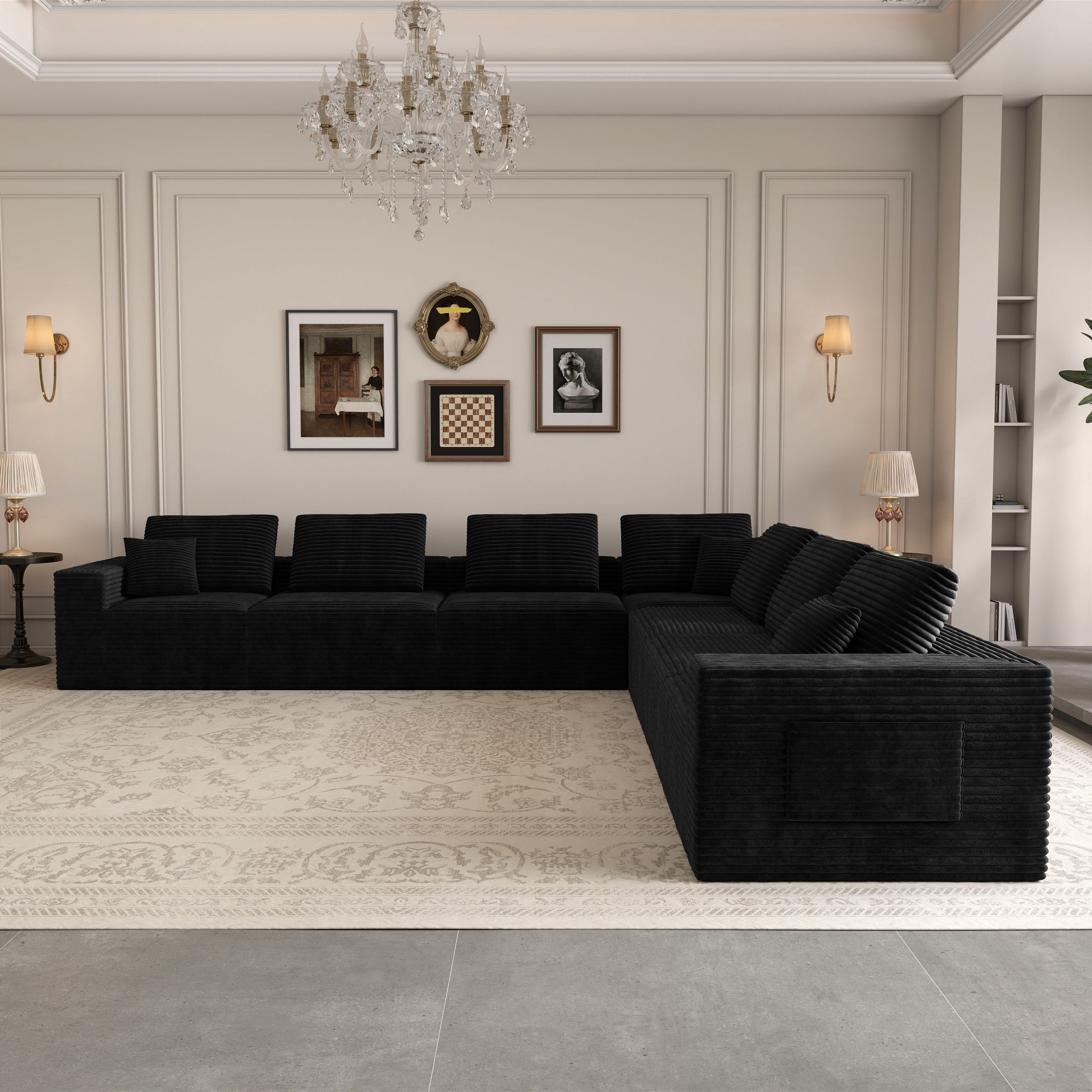 141.73*141.73"Modular sectional sofa seat,Upholstered compressed couch for living room,Bedroom,Apartment,No assembly required,7 PC free combination,Plush corduroy fabric,BLACK - Image 2