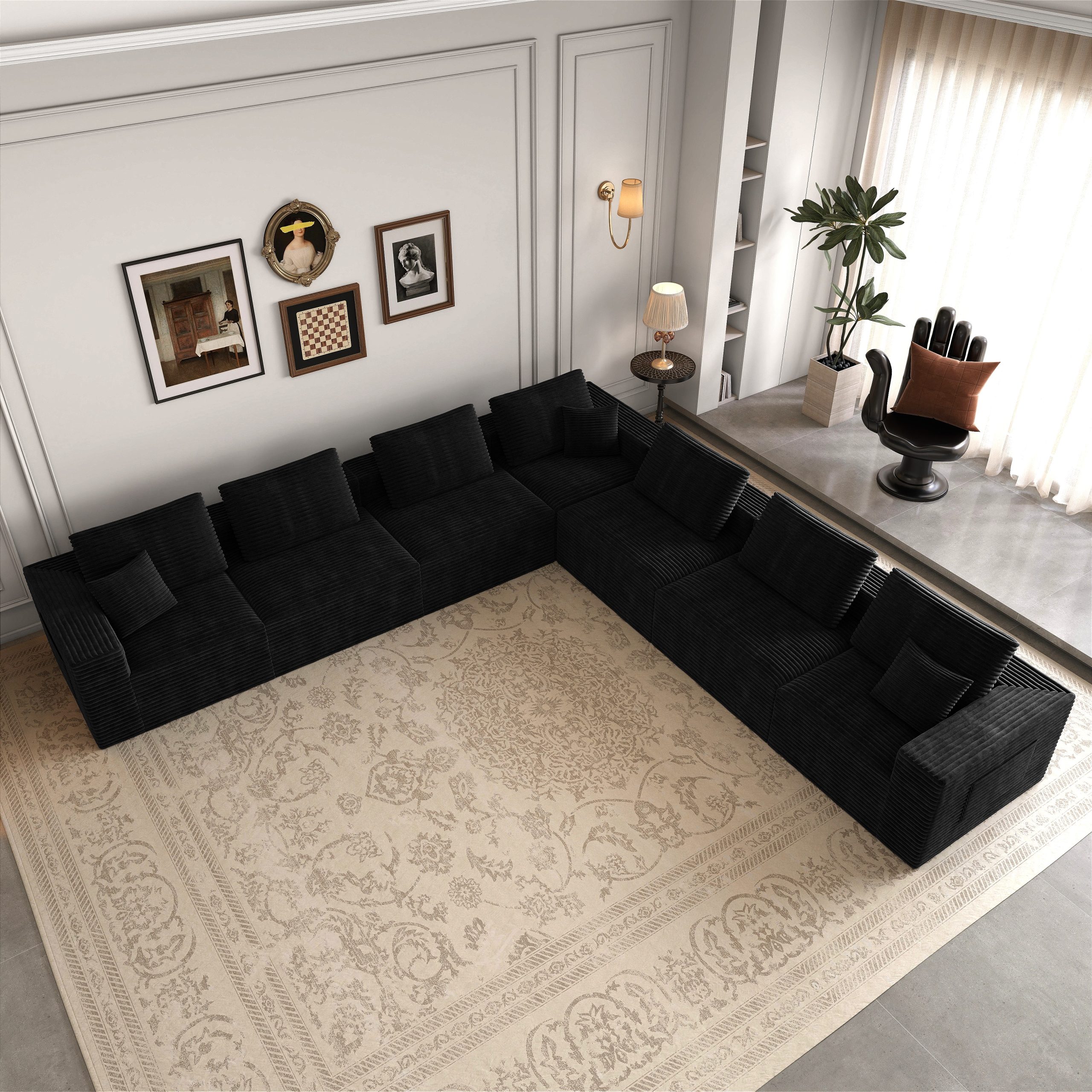 141.73*141.73"Modular sectional sofa seat,Upholstered compressed couch for living room,Bedroom,Apartment,No assembly required,7 PC free combination,Plush corduroy fabric,BLACK - Image 3