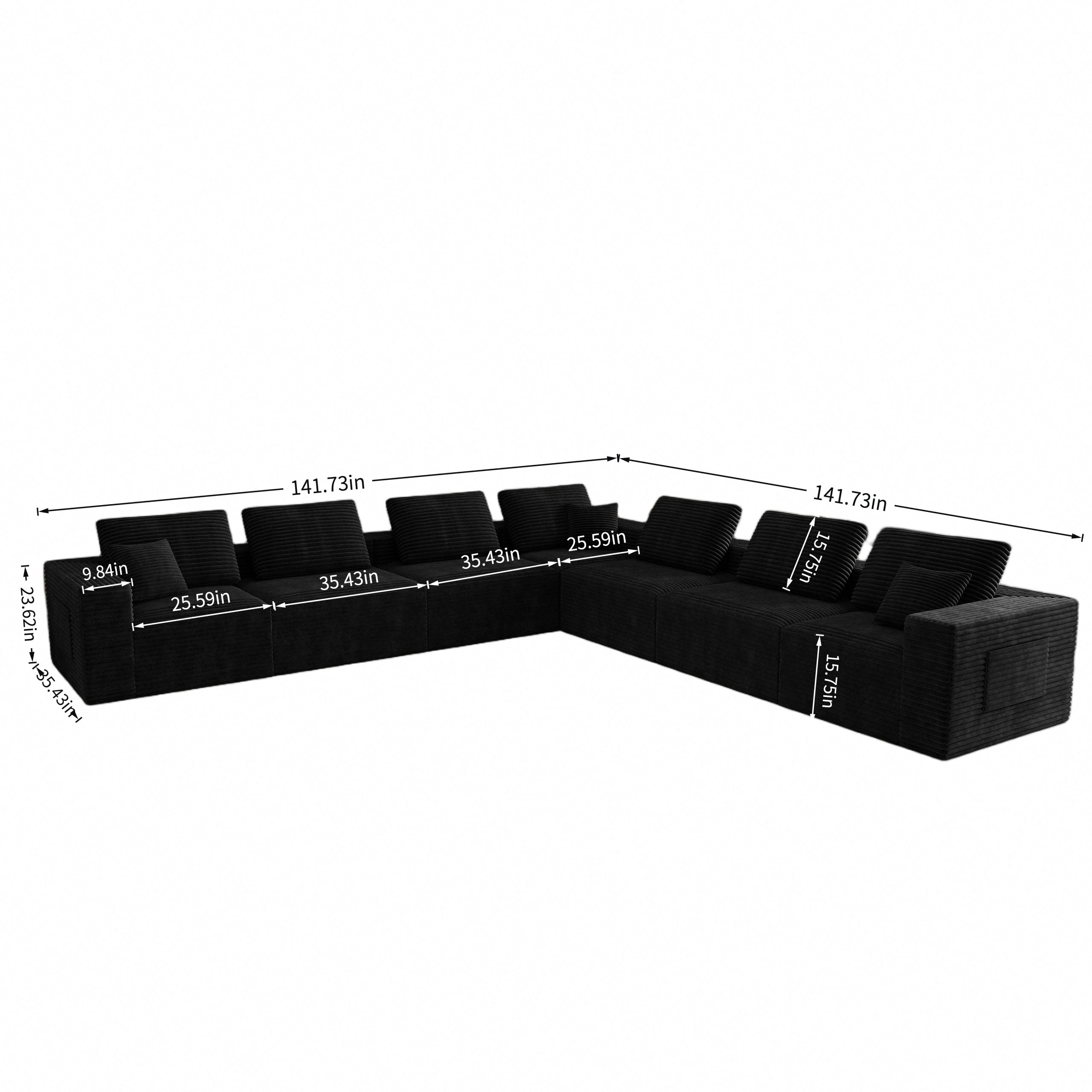 141.73*141.73"Modular sectional sofa seat,Upholstered compressed couch for living room,Bedroom,Apartment,No assembly required,7 PC free combination,Plush corduroy fabric,BLACK - Image 4