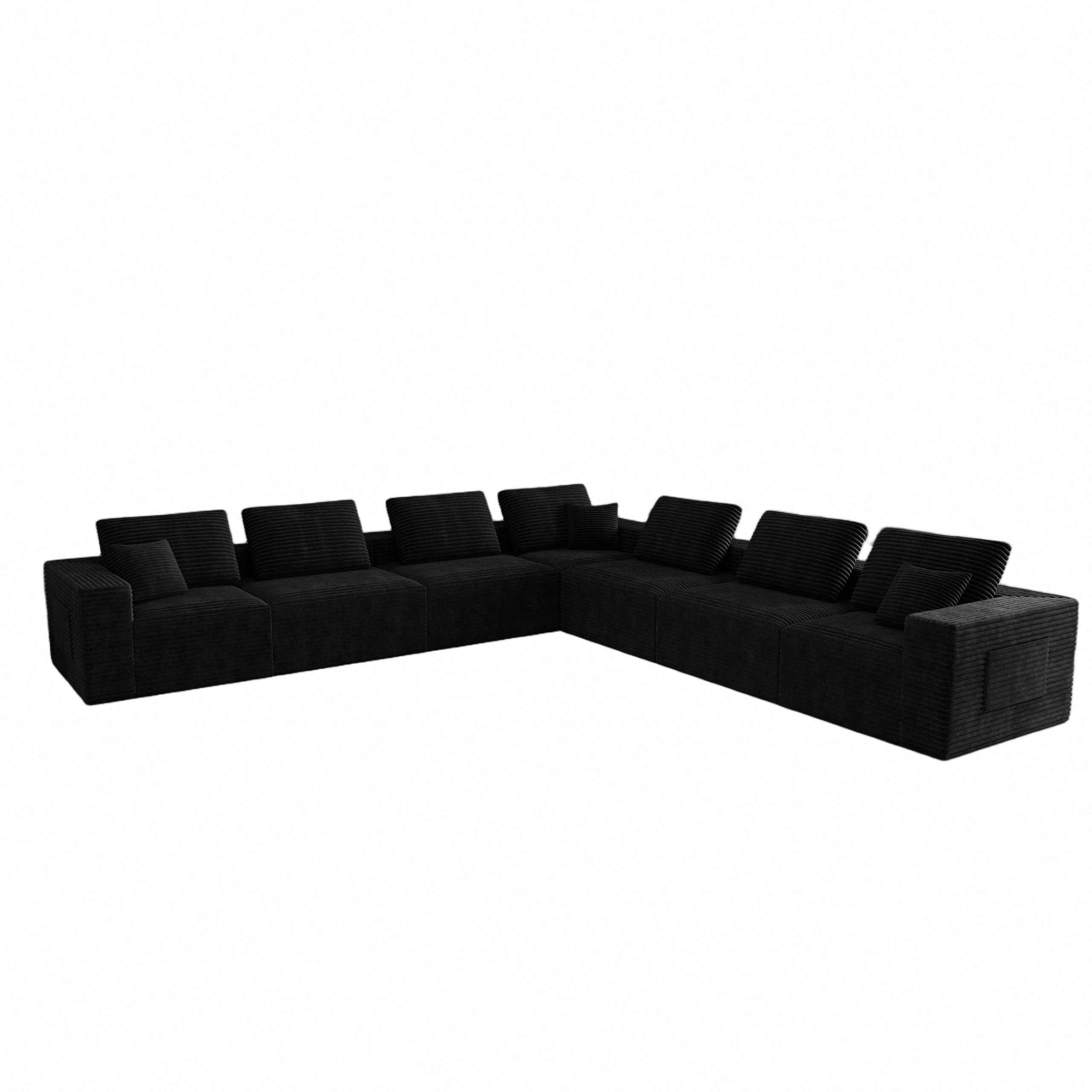 141.73*141.73"Modular sectional sofa seat,Upholstered compressed couch for living room,Bedroom,Apartment,No assembly required,7 PC free combination,Plush corduroy fabric,BLACK - Image 6