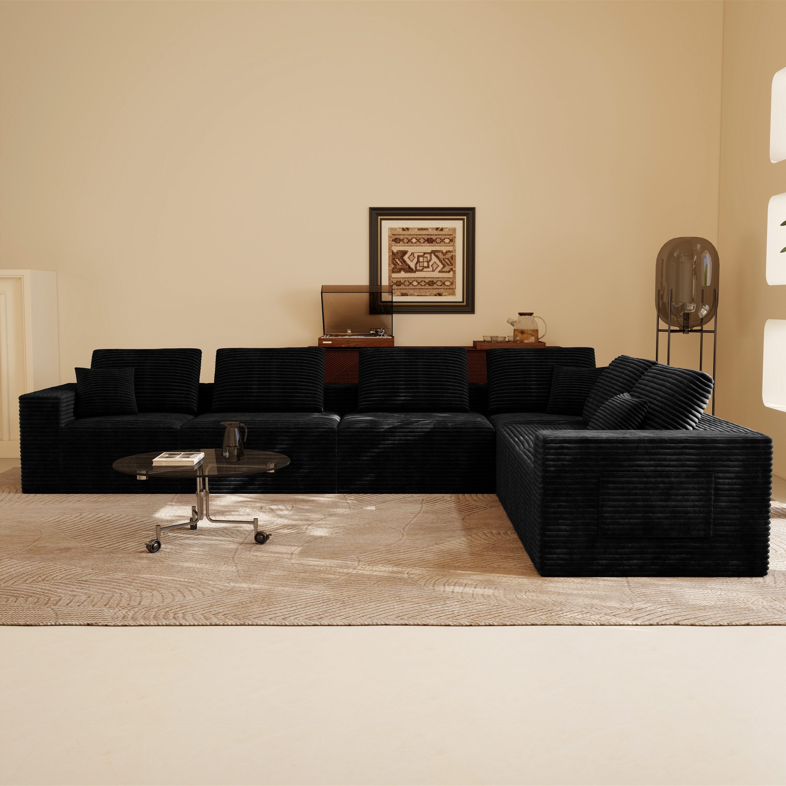 141.73*106.30"Modular sectional sofa seat,Upholstered compressed couch for living room,Bedroom,Apartment,No assembly required,6 PC free combination,Plush corduroy fabric,BLACK - Image 2