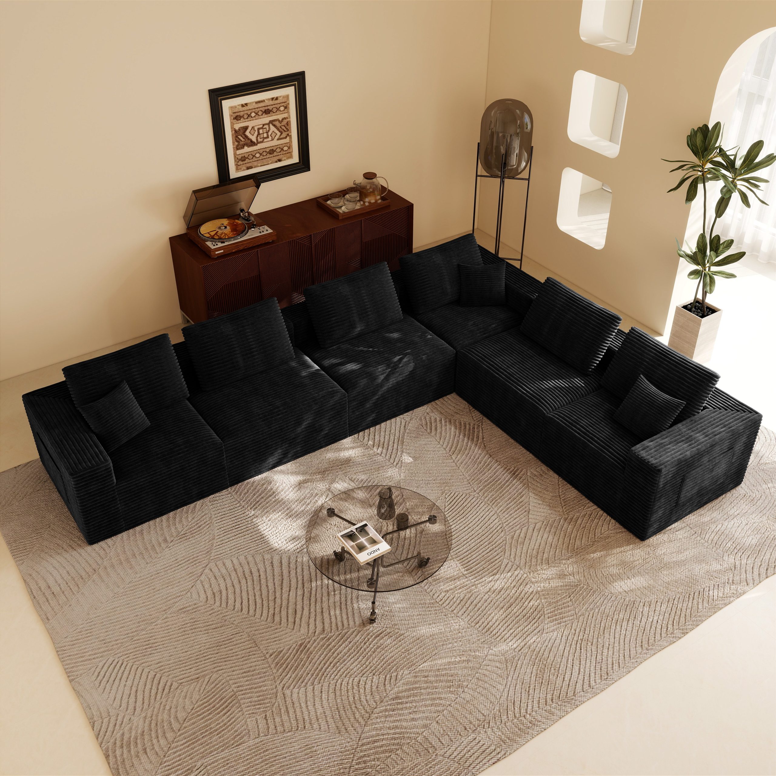141.73*106.30"Modular sectional sofa seat,Upholstered compressed couch for living room,Bedroom,Apartment,No assembly required,6 PC free combination,Plush corduroy fabric,BLACK - Image 3