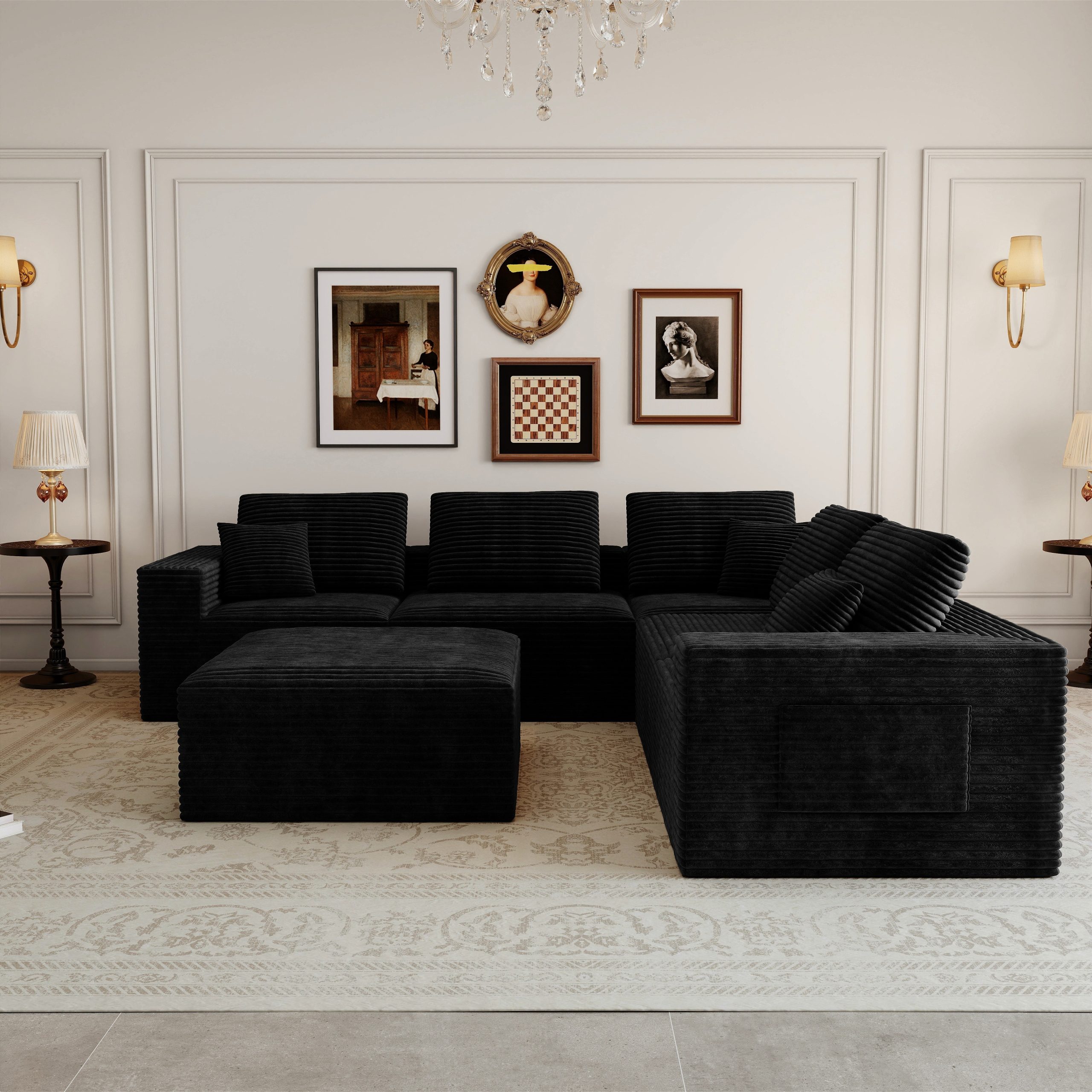 106.30*106.30"Modular sectional sofa seat,Upholstered compressed couch for living room,Bedroom,Apartment,No assembly required,6 PC free combination,Plush corduroy fabric,BLACK - Image 2