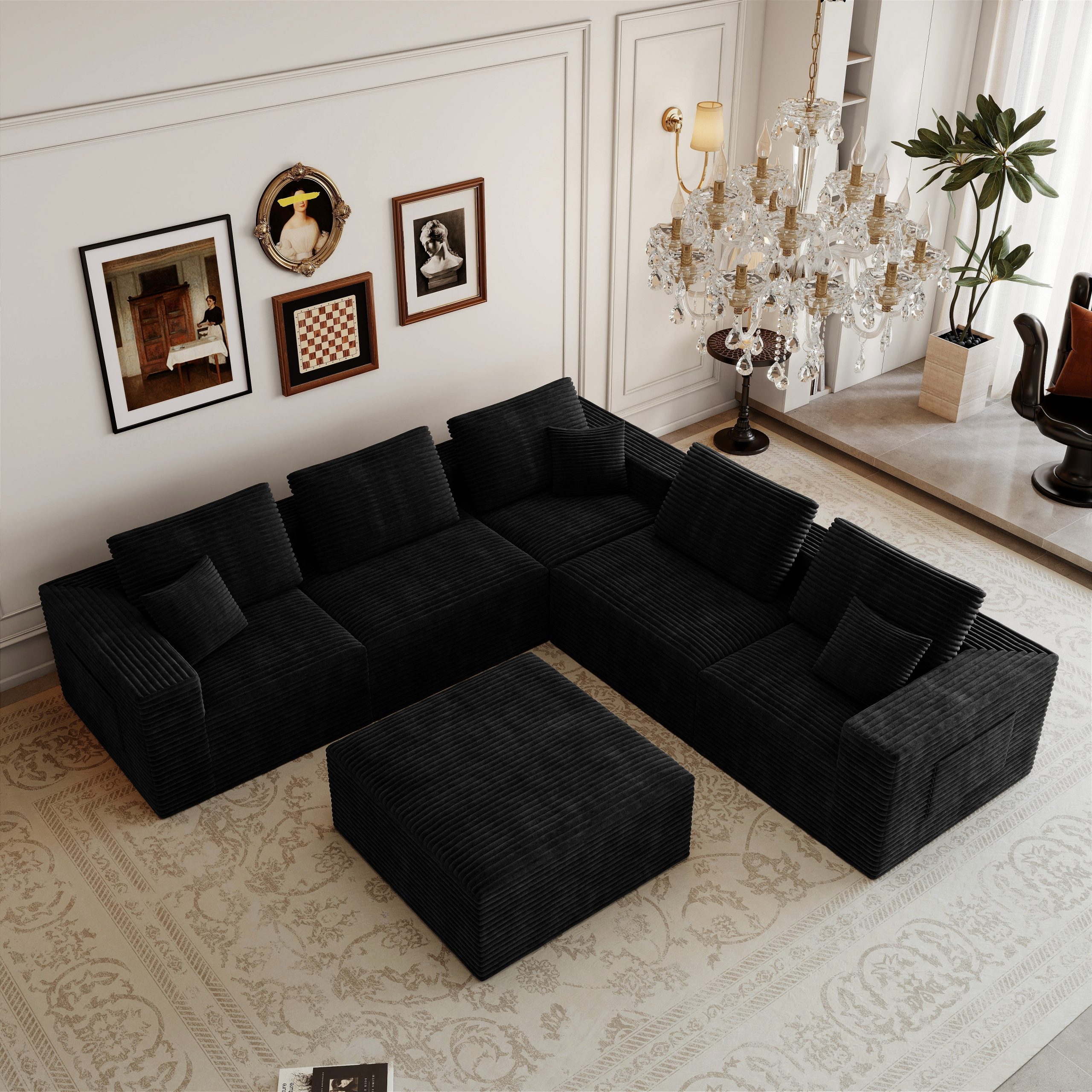 106.30*106.30"Modular sectional sofa seat,Upholstered compressed couch for living room,Bedroom,Apartment,No assembly required,6 PC free combination,Plush corduroy fabric,BLACK - Image 3