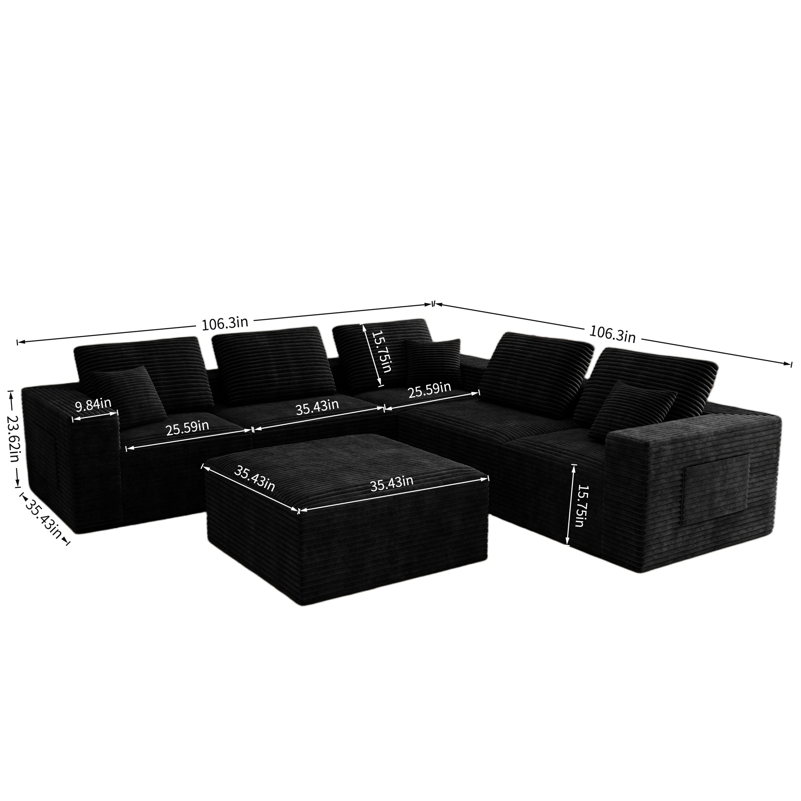 106.30*106.30"Modular sectional sofa seat,Upholstered compressed couch for living room,Bedroom,Apartment,No assembly required,6 PC free combination,Plush corduroy fabric,BLACK - Image 4