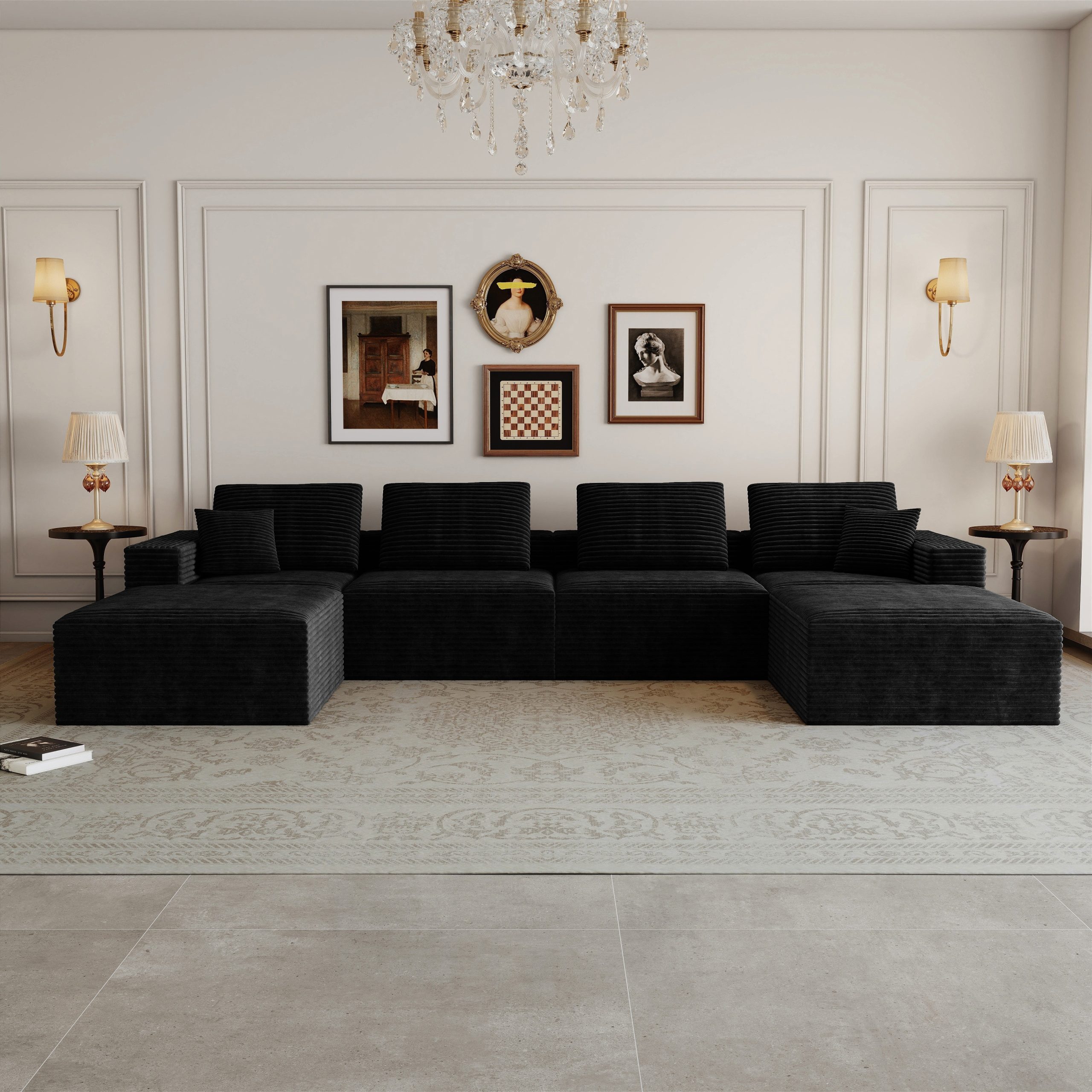 141.73*70.87"Modular sectional sofa seat,Upholstered compressed couch for living room,Bedroom,Apartment,No assembly required,6 PC free combination,Plush corduroy fabric,BLACK - Image 2