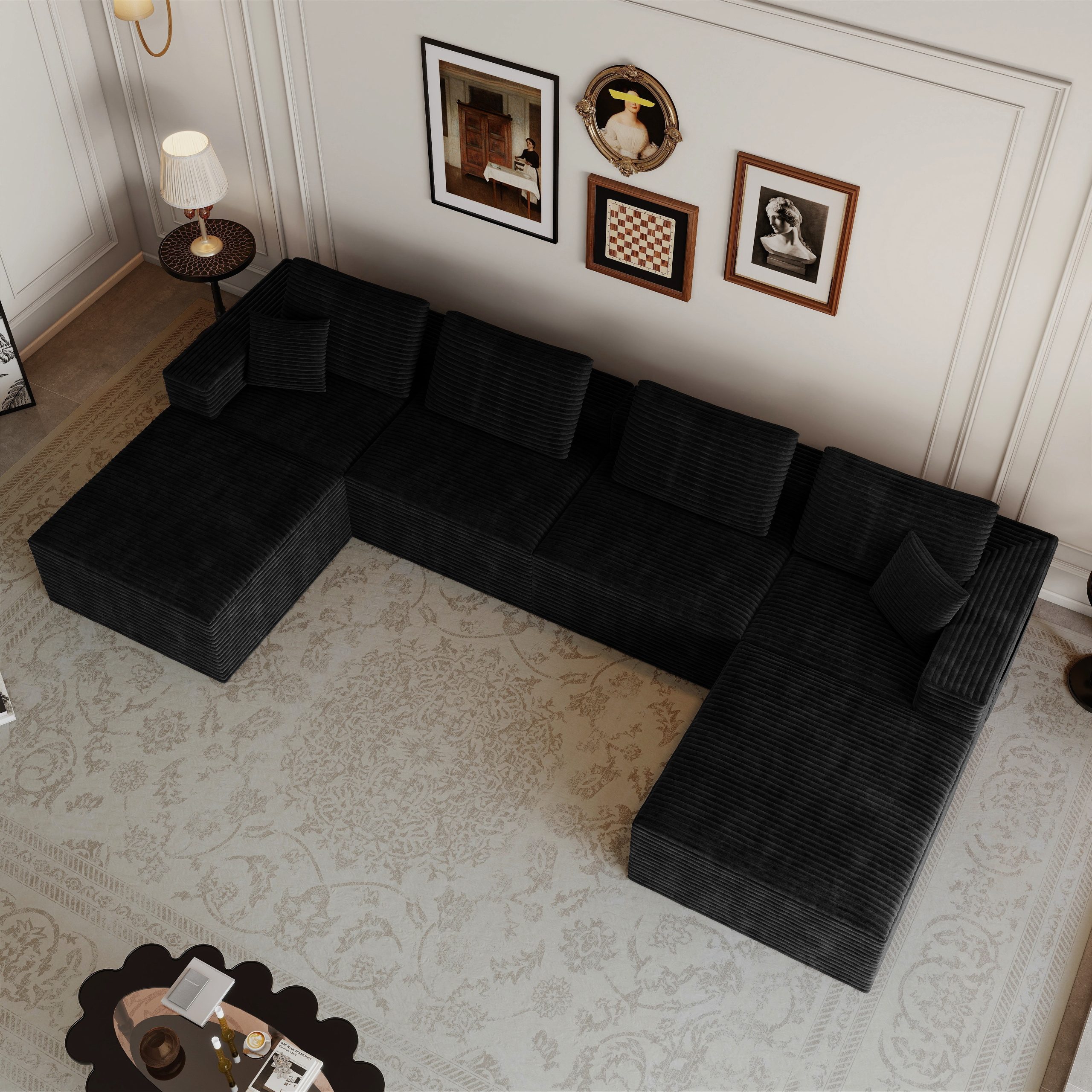 141.73*70.87"Modular sectional sofa seat,Upholstered compressed couch for living room,Bedroom,Apartment,No assembly required,6 PC free combination,Plush corduroy fabric,BLACK - Image 3