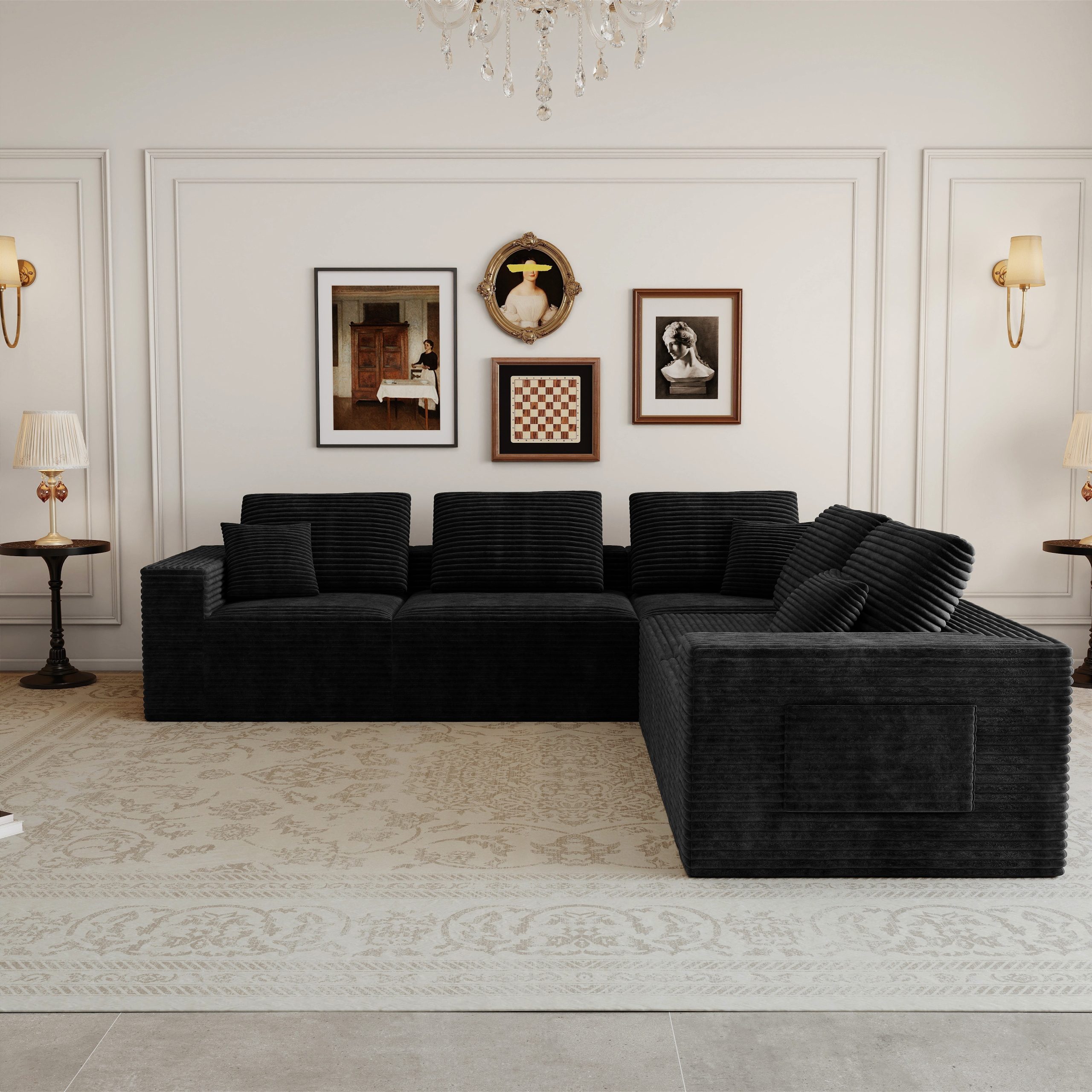 106.30*106.30"Modular sectional sofa seat,Upholstered compressed couch for living room,Bedroom,Apartment,No assembly required,5 PC free combination,Plush corduroy fabric,BLACK - Image 2