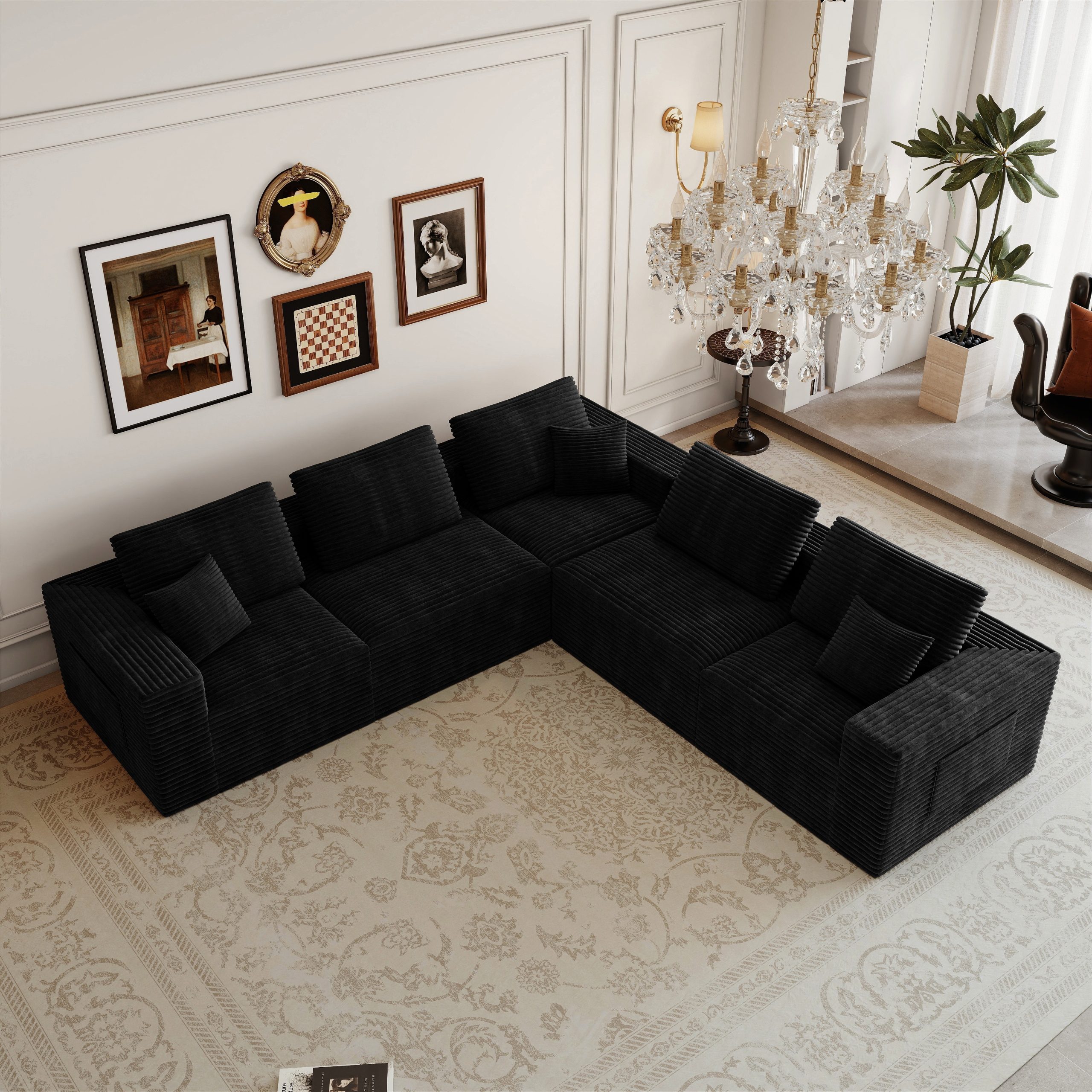 106.30*106.30"Modular sectional sofa seat,Upholstered compressed couch for living room,Bedroom,Apartment,No assembly required,5 PC free combination,Plush corduroy fabric,BLACK - Image 3