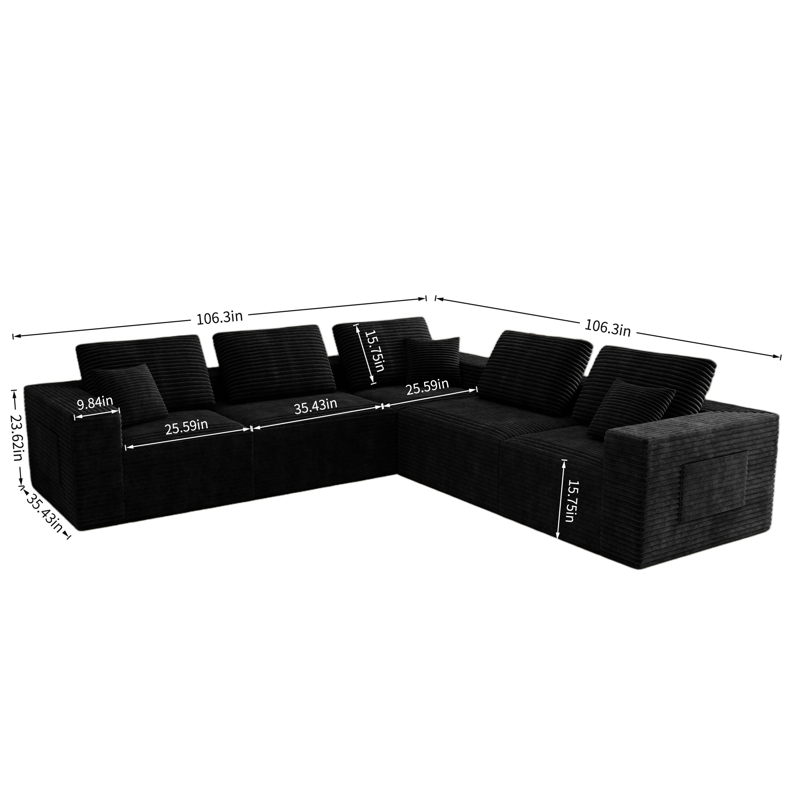 106.30*106.30"Modular sectional sofa seat,Upholstered compressed couch for living room,Bedroom,Apartment,No assembly required,5 PC free combination,Plush corduroy fabric,BLACK - Image 4