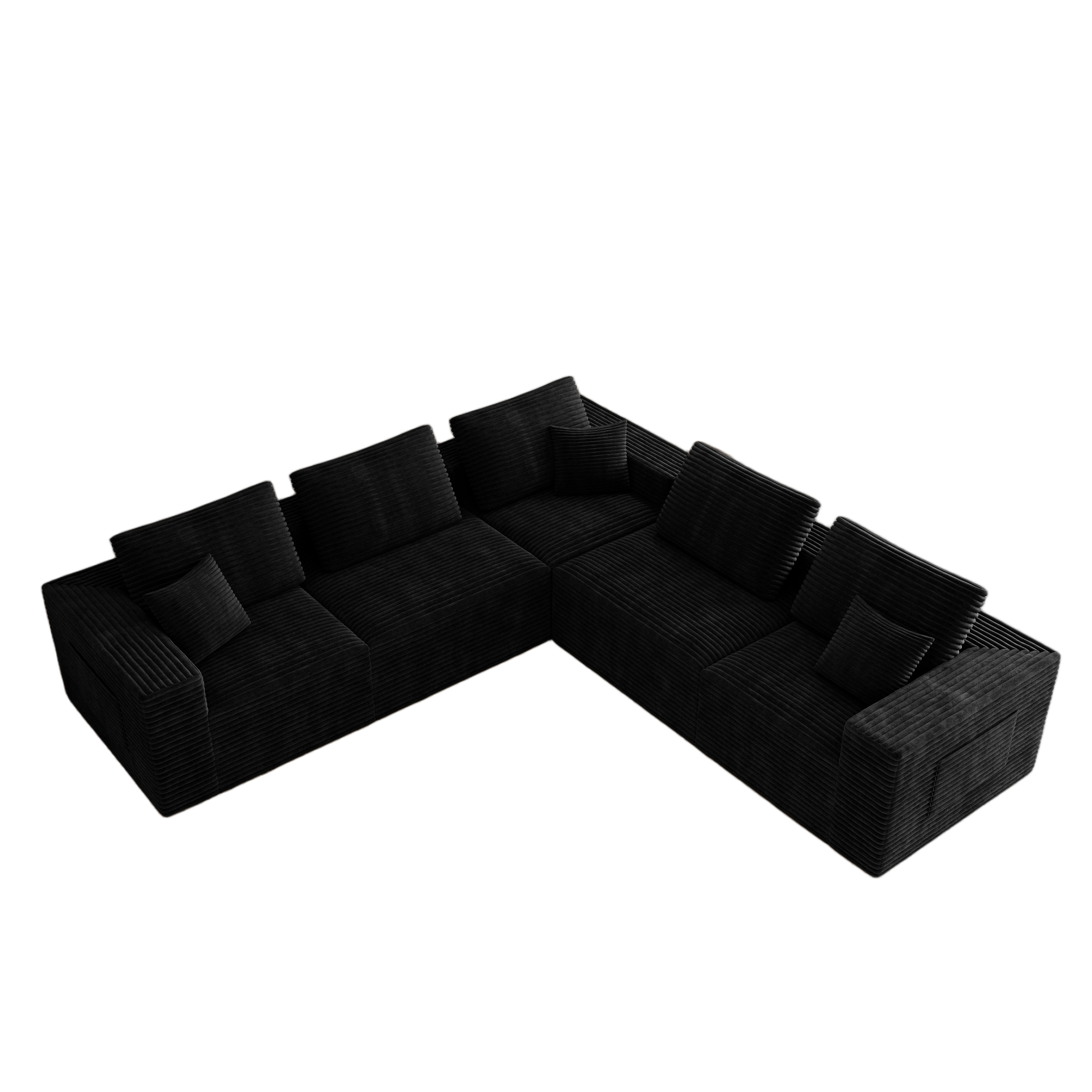 106.30*106.30"Modular sectional sofa seat,Upholstered compressed couch for living room,Bedroom,Apartment,No assembly required,5 PC free combination,Plush corduroy fabric,BLACK - Image 5