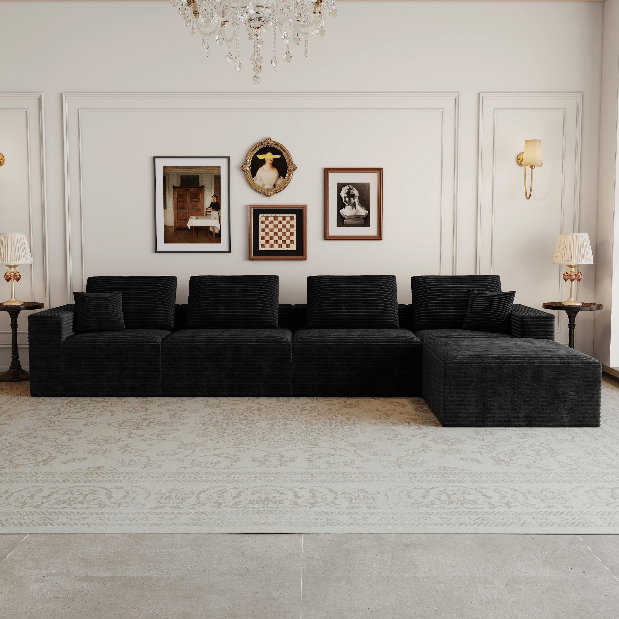 141.73*70.87"Modular sectional sofa seat,Upholstered compressed couch for living room,Bedroom,Apartment,No assembly required,5 PC free combination,Plush corduroy fabric,BLACK - Image 2