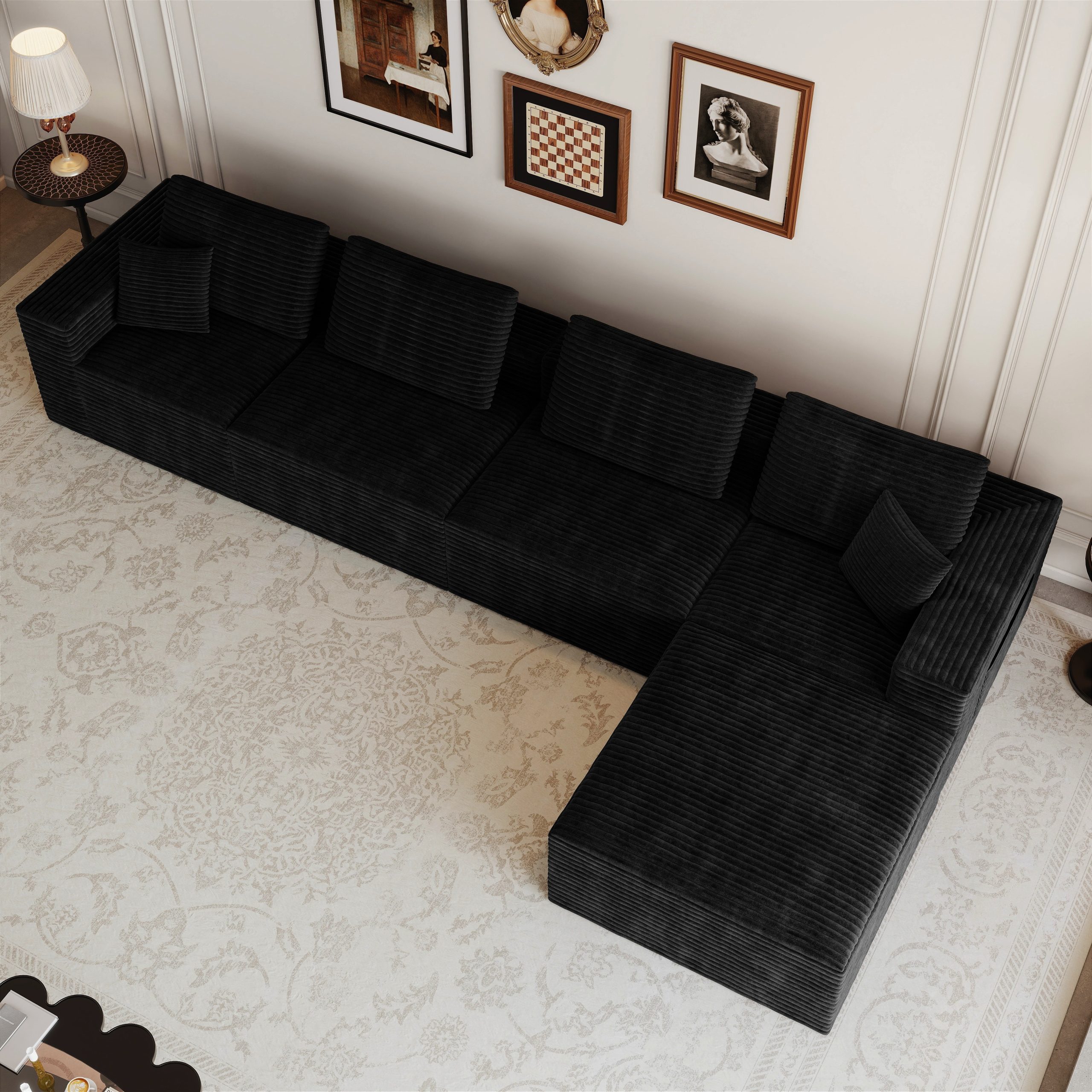 141.73*70.87"Modular sectional sofa seat,Upholstered compressed couch for living room,Bedroom,Apartment,No assembly required,5 PC free combination,Plush corduroy fabric,BLACK - Image 3