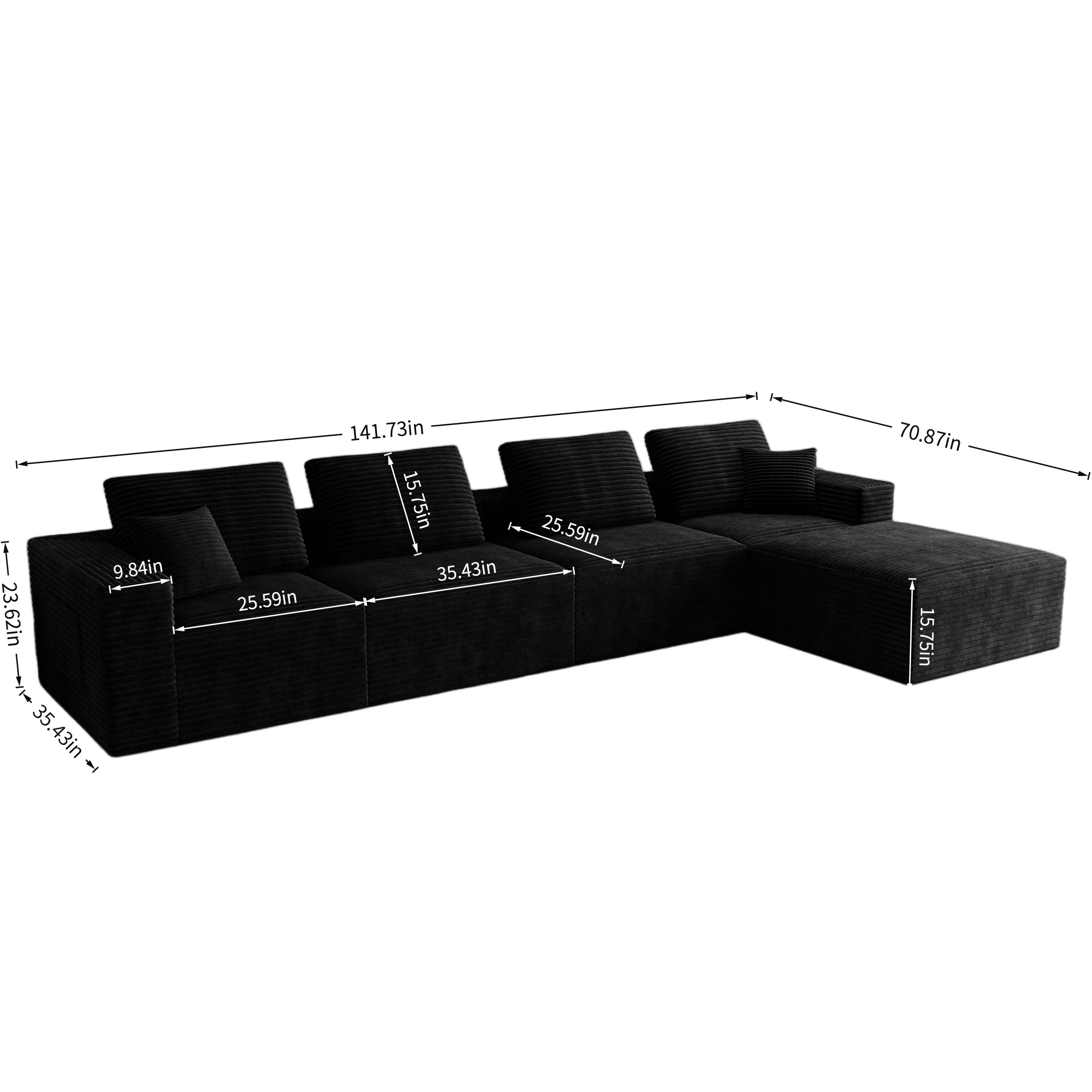 141.73*70.87"Modular sectional sofa seat,Upholstered compressed couch for living room,Bedroom,Apartment,No assembly required,5 PC free combination,Plush corduroy fabric,BLACK - Image 4