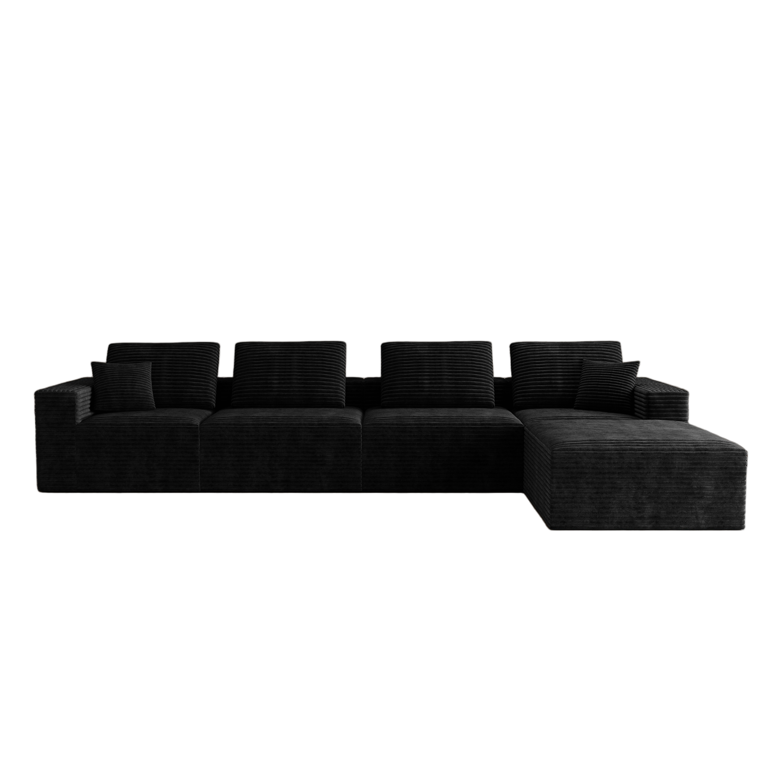 141.73*70.87"Modular sectional sofa seat,Upholstered compressed couch for living room,Bedroom,Apartment,No assembly required,5 PC free combination,Plush corduroy fabric,BLACK - Image 5