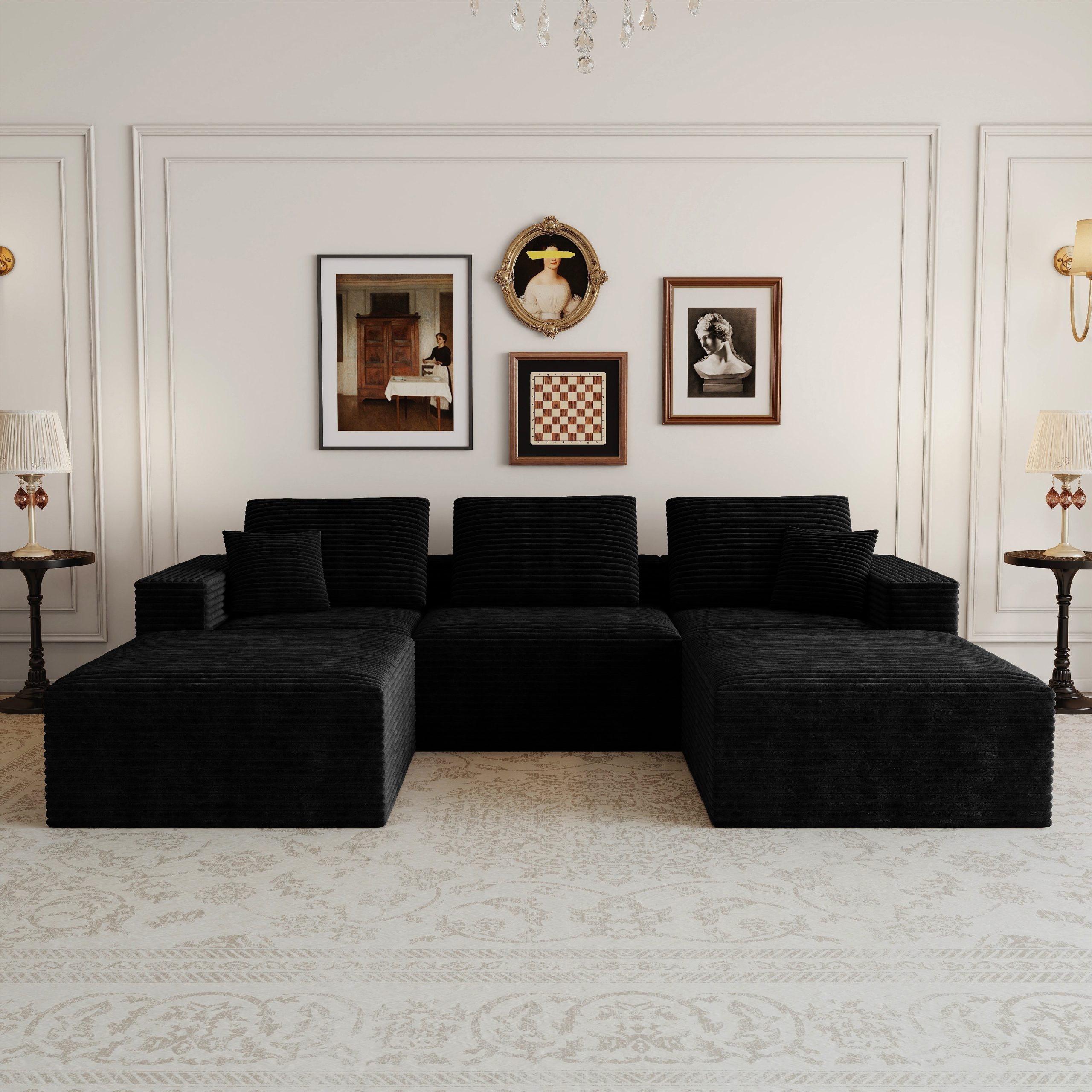 106.30*70.87"Modular sectional sofa seat,Upholstered compressed couch for living room,Bedroom,Apartment,No assembly required,5 PC free combination,Plush corduroy fabric,BLACK - Image 2