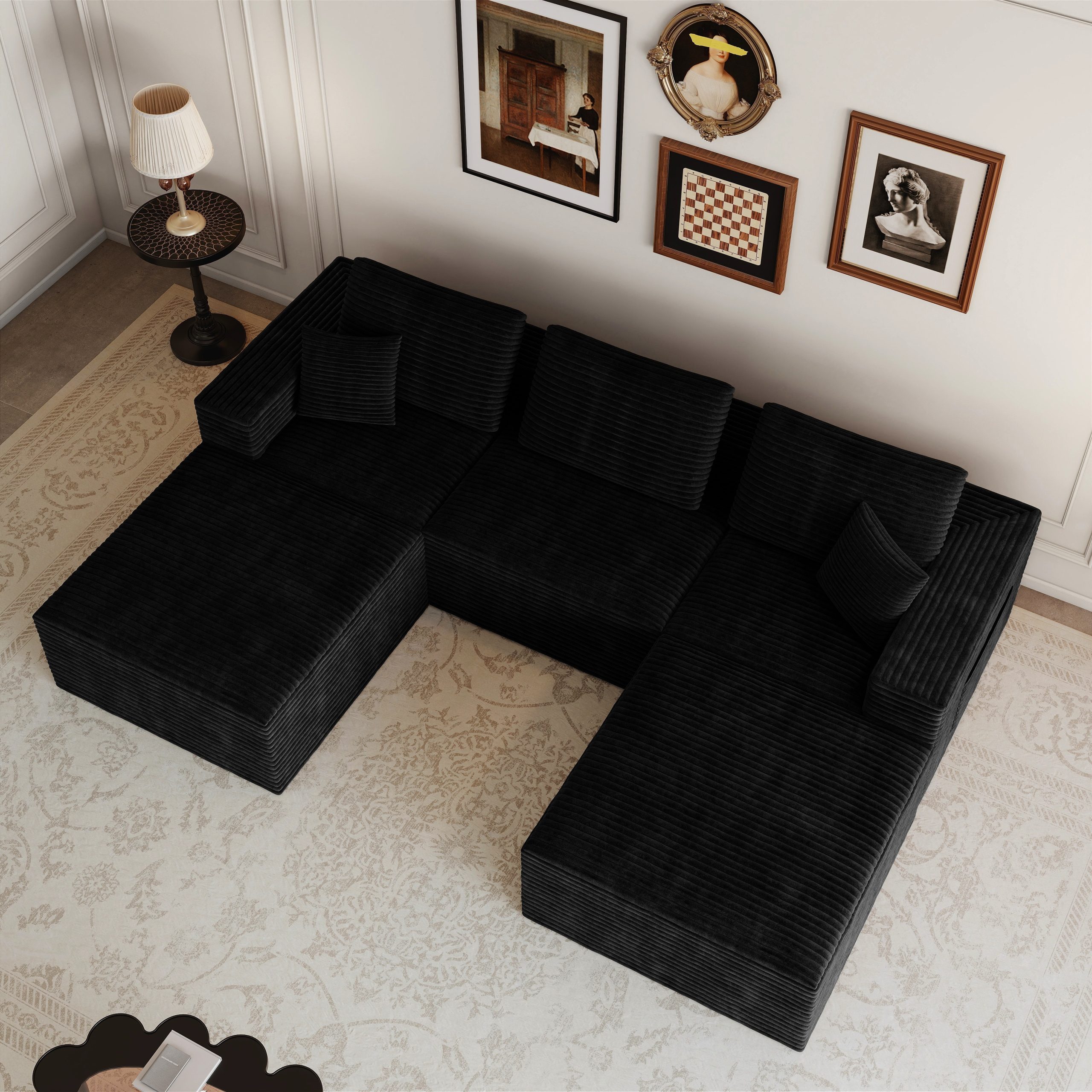106.30*70.87"Modular sectional sofa seat,Upholstered compressed couch for living room,Bedroom,Apartment,No assembly required,5 PC free combination,Plush corduroy fabric,BLACK - Image 3