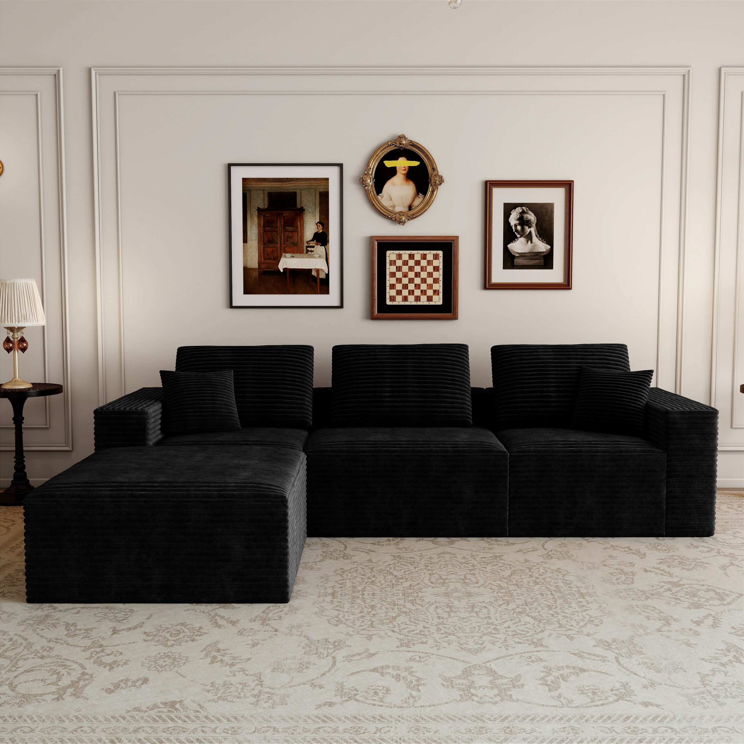 106.30*70.87"Modular sectional sofa seat,Upholstered compressed couch for living room,Bedroom,Apartment,No assembly required,4 PC free combination,Plush corduroy fabric,BLACK - Image 2
