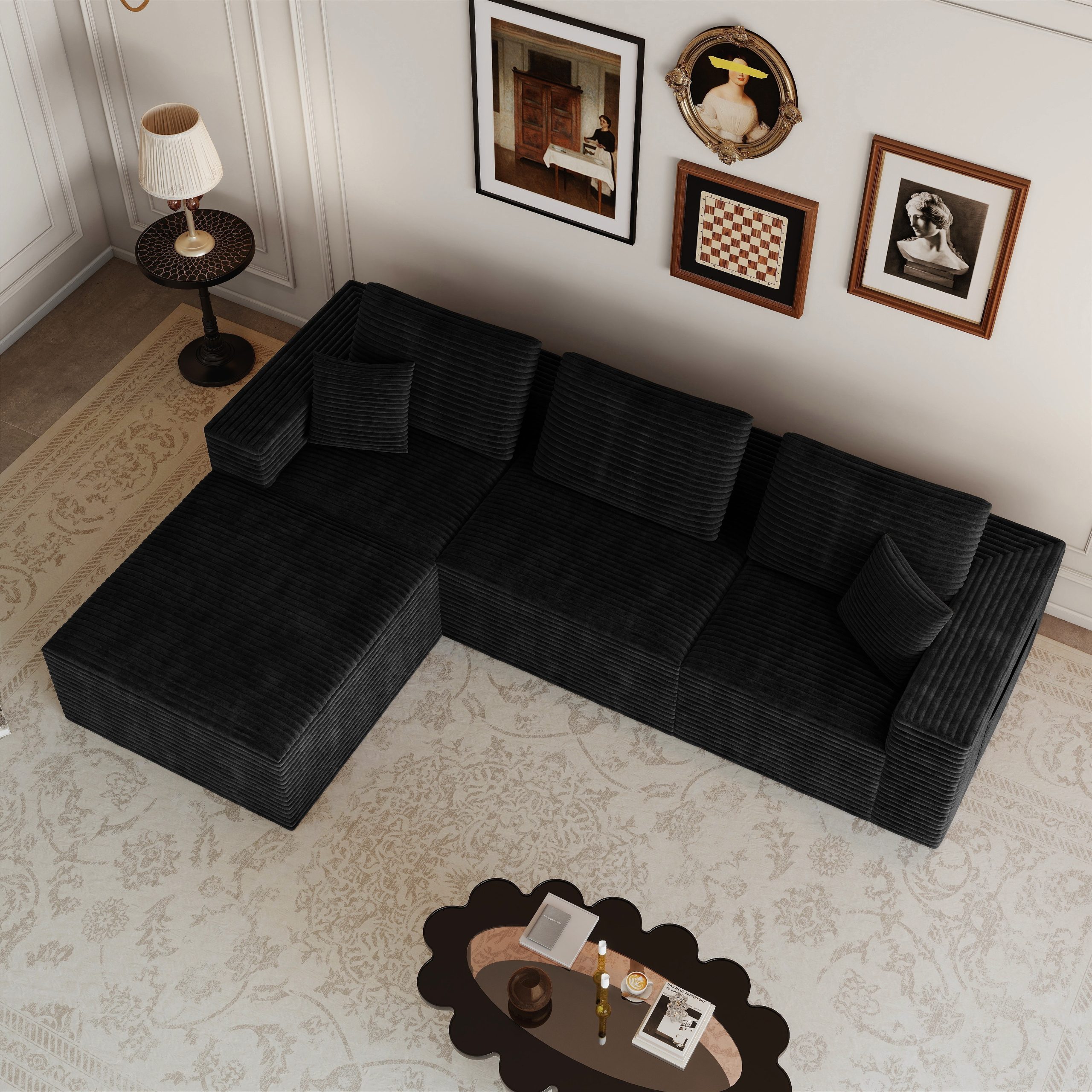 106.30*70.87"Modular sectional sofa seat,Upholstered compressed couch for living room,Bedroom,Apartment,No assembly required,4 PC free combination,Plush corduroy fabric,BLACK - Image 3
