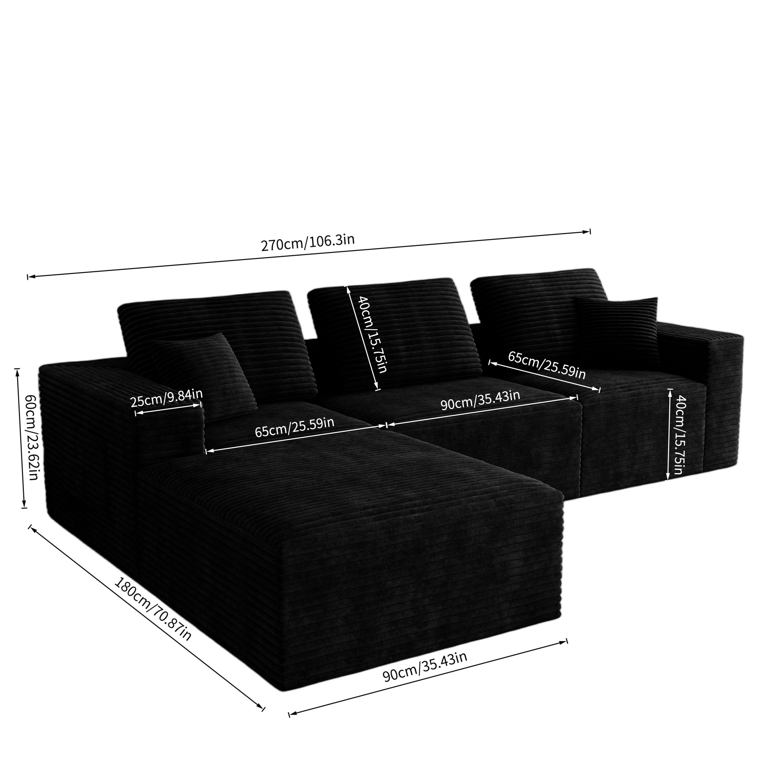 106.30*70.87"Modular sectional sofa seat,Upholstered compressed couch for living room,Bedroom,Apartment,No assembly required,4 PC free combination,Plush corduroy fabric,BLACK - Image 4