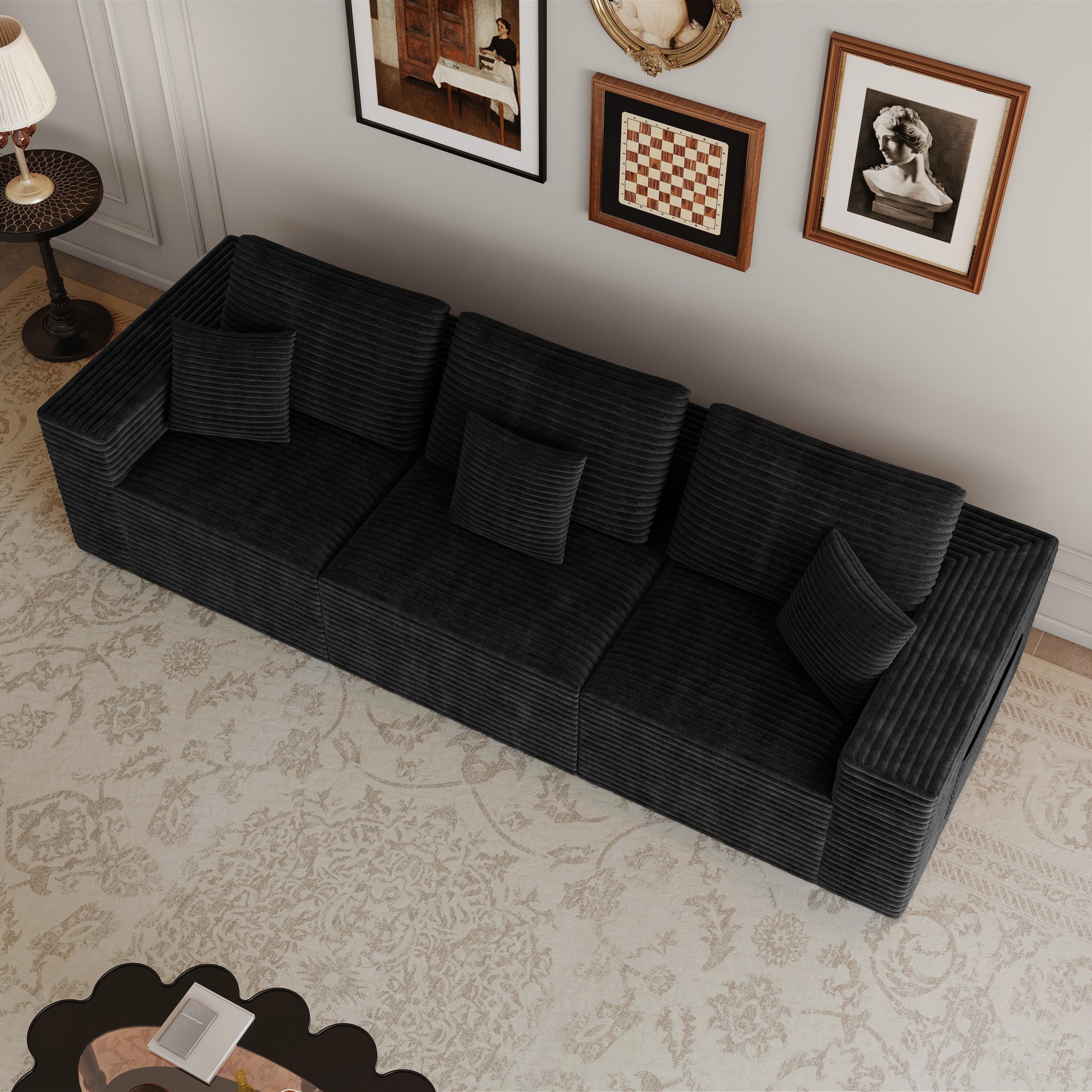 106.30*35.43"Modular sectional sofa seat,Upholstered compressed couch for living room,Bedroom,Apartment,No assembly required,3 PC free combination,Plush corduroy fabric,BLACK - Image 2