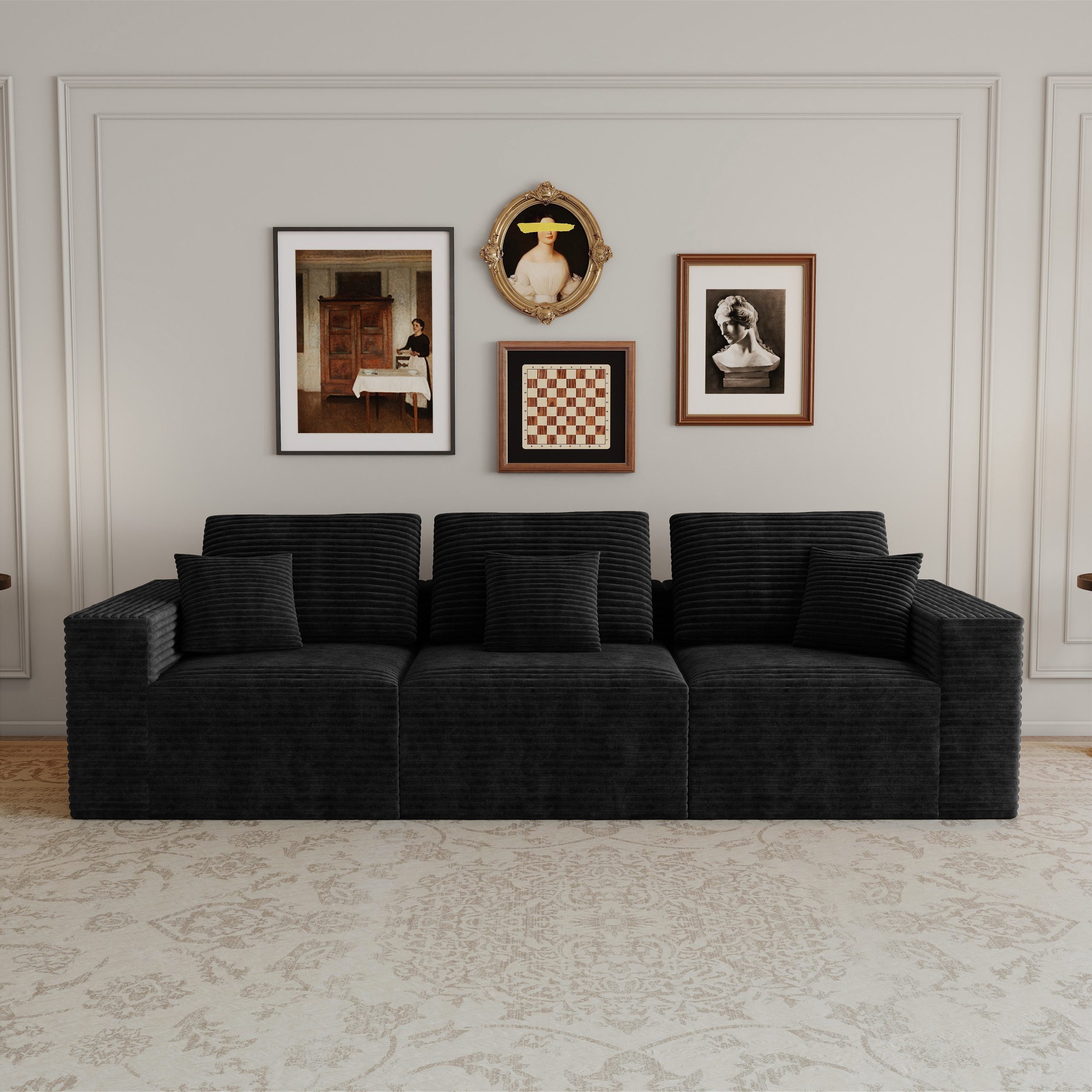 106.30*35.43"Modular sectional sofa seat,Upholstered compressed couch for living room,Bedroom,Apartment,No assembly required,3 PC free combination,Plush corduroy fabric,BLACK - Image 3