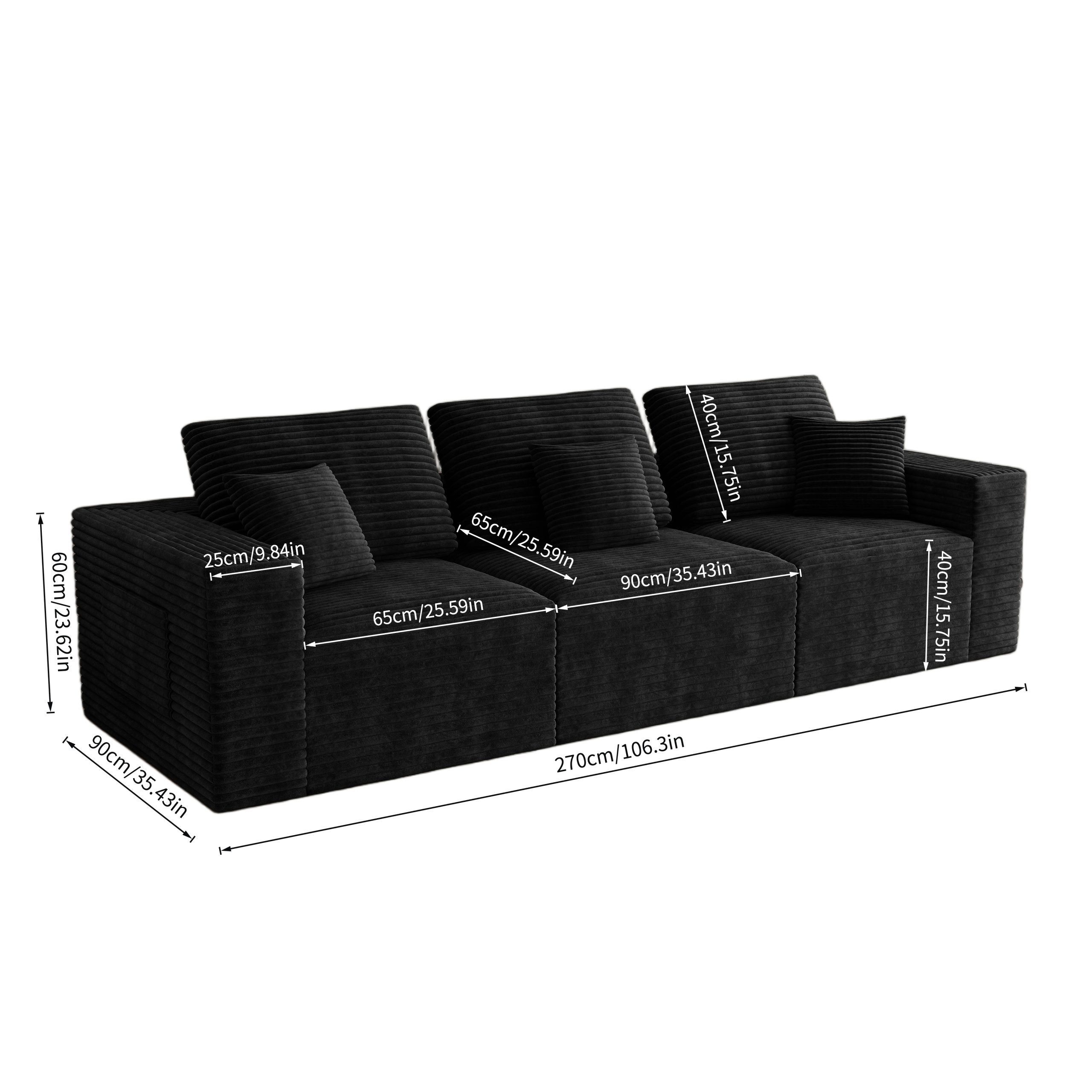 106.30*35.43"Modular sectional sofa seat,Upholstered compressed couch for living room,Bedroom,Apartment,No assembly required,3 PC free combination,Plush corduroy fabric,BLACK - Image 4