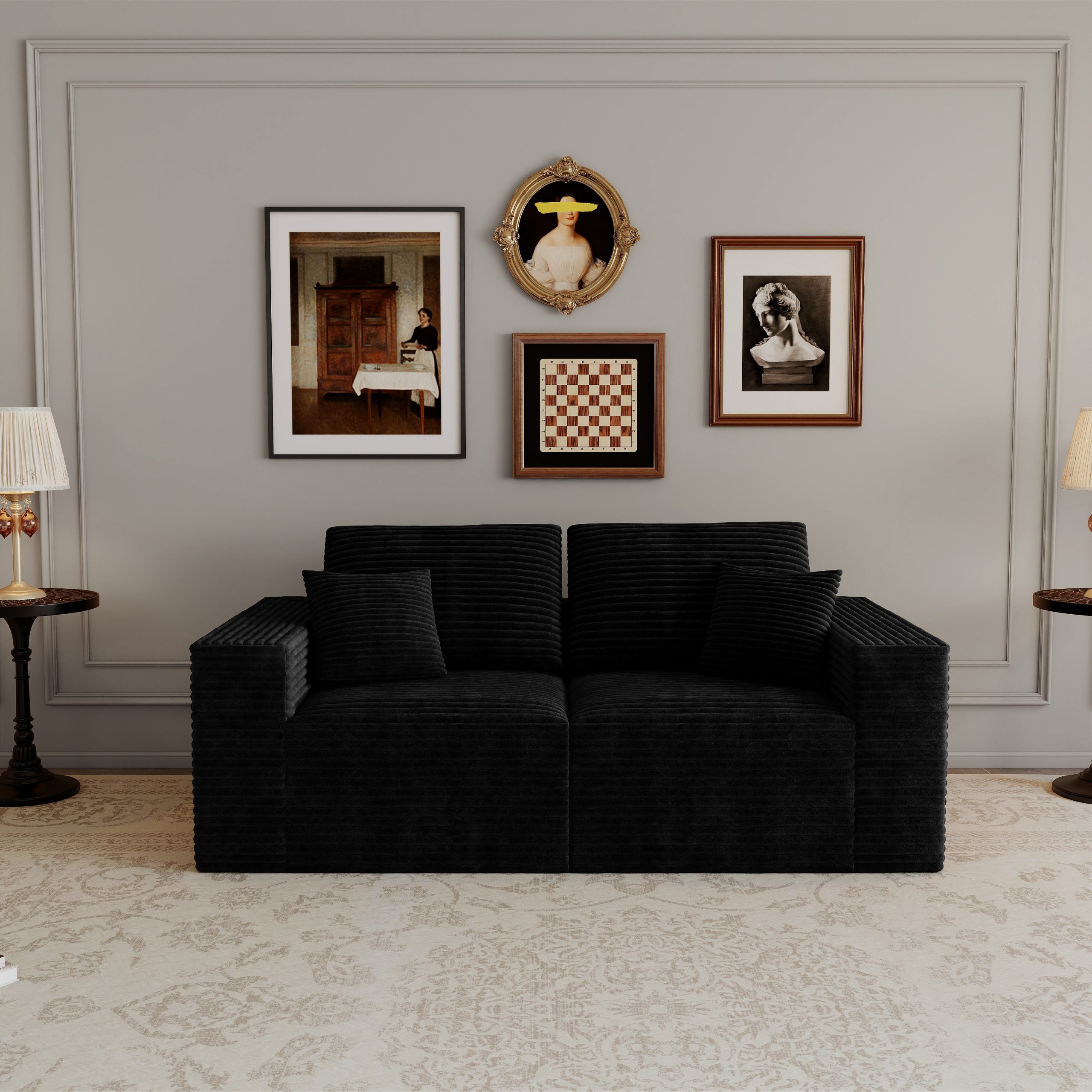 70.87*35.43"Modular sectional sofa seat,Upholstered compressed couch for living room,Bedroom,Apartment,No assembly required,2 PC free combination,Plush corduroy fabric,BLACK - Image 2