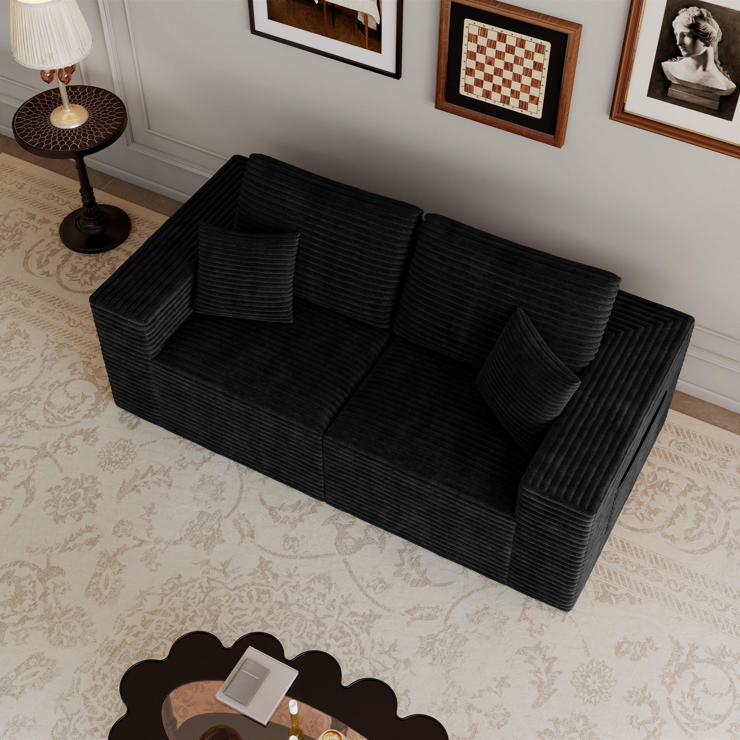 70.87*35.43"Modular sectional sofa seat,Upholstered compressed couch for living room,Bedroom,Apartment,No assembly required,2 PC free combination,Plush corduroy fabric,BLACK - Image 3