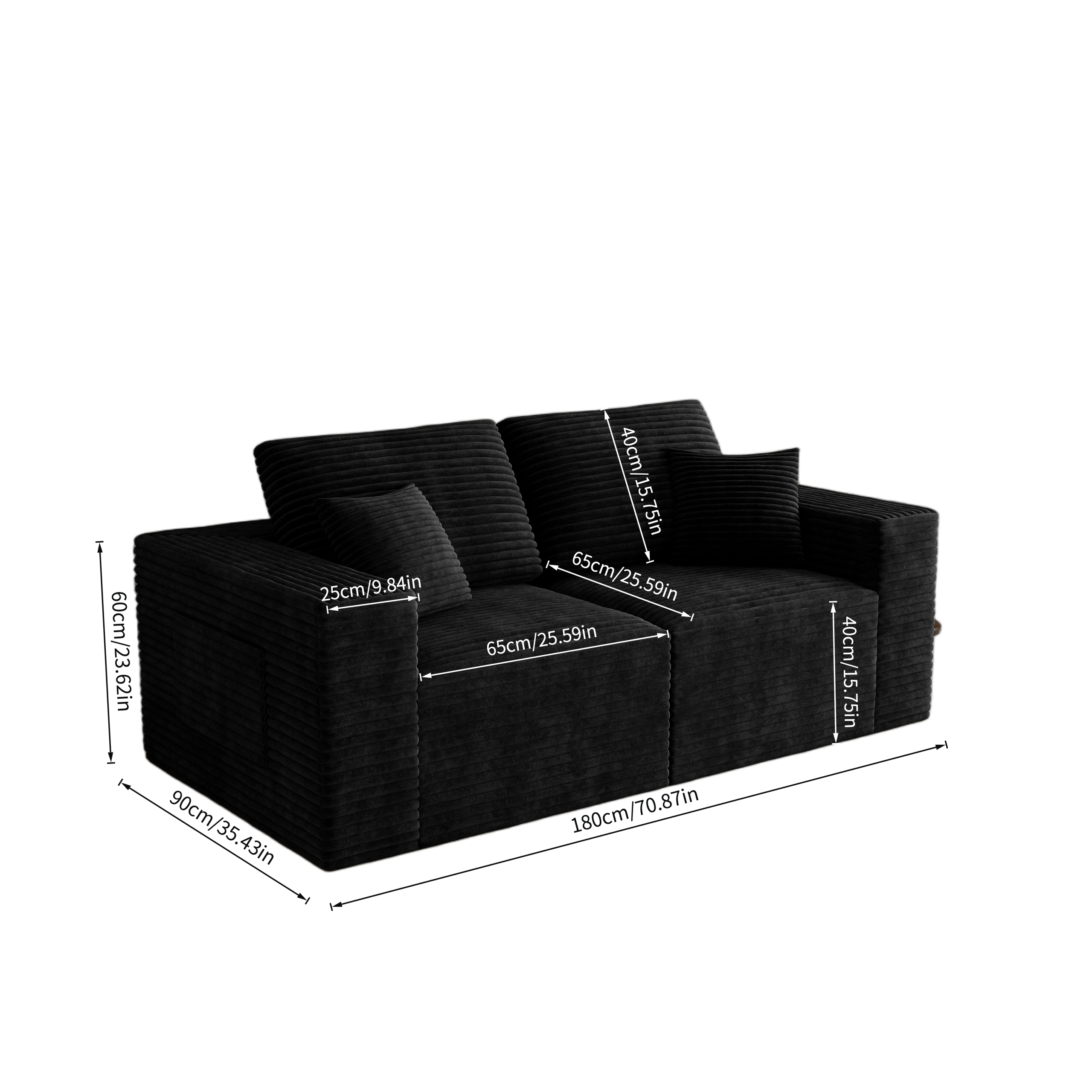 70.87*35.43"Modular sectional sofa seat,Upholstered compressed couch for living room,Bedroom,Apartment,No assembly required,2 PC free combination,Plush corduroy fabric,BLACK - Image 4