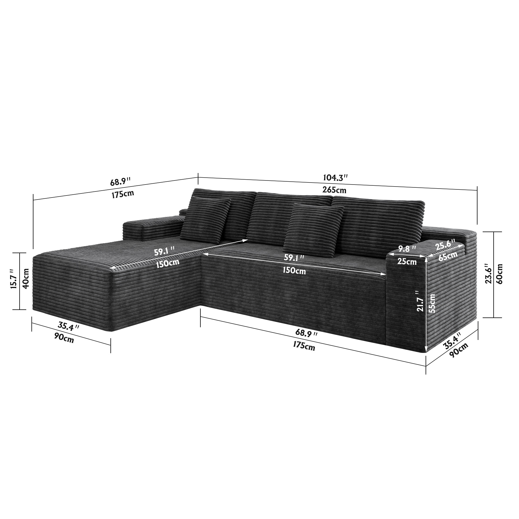 104.3*68.9"Modular sectional sofa seat,Upholstered compressed couch for living room,Bedroom,Apartment,No assembly required,2PC free combination,Plush corduroy fabric,GREY - Image 6