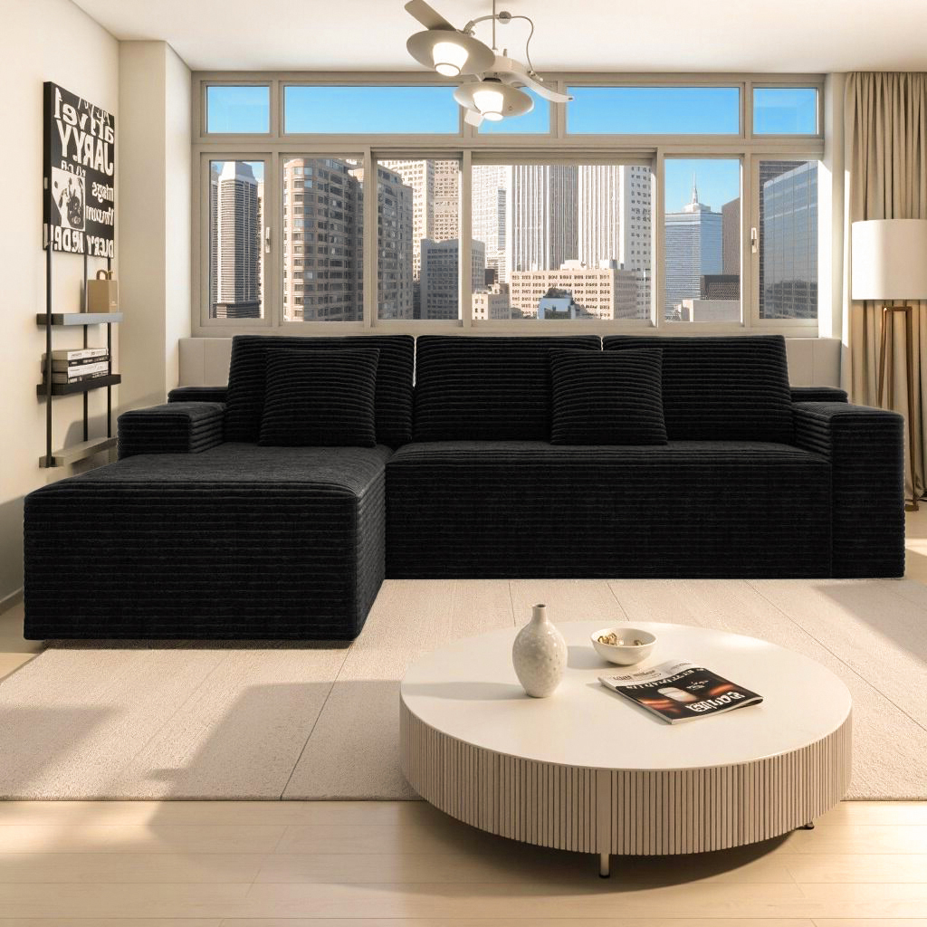 104.3*68.9"Modular sectional sofa seat,Upholstered compressed couch for living room,Bedroom,Apartment,No assembly required,2PC free combination,Plush corduroy fabric,BLACK - Image 2