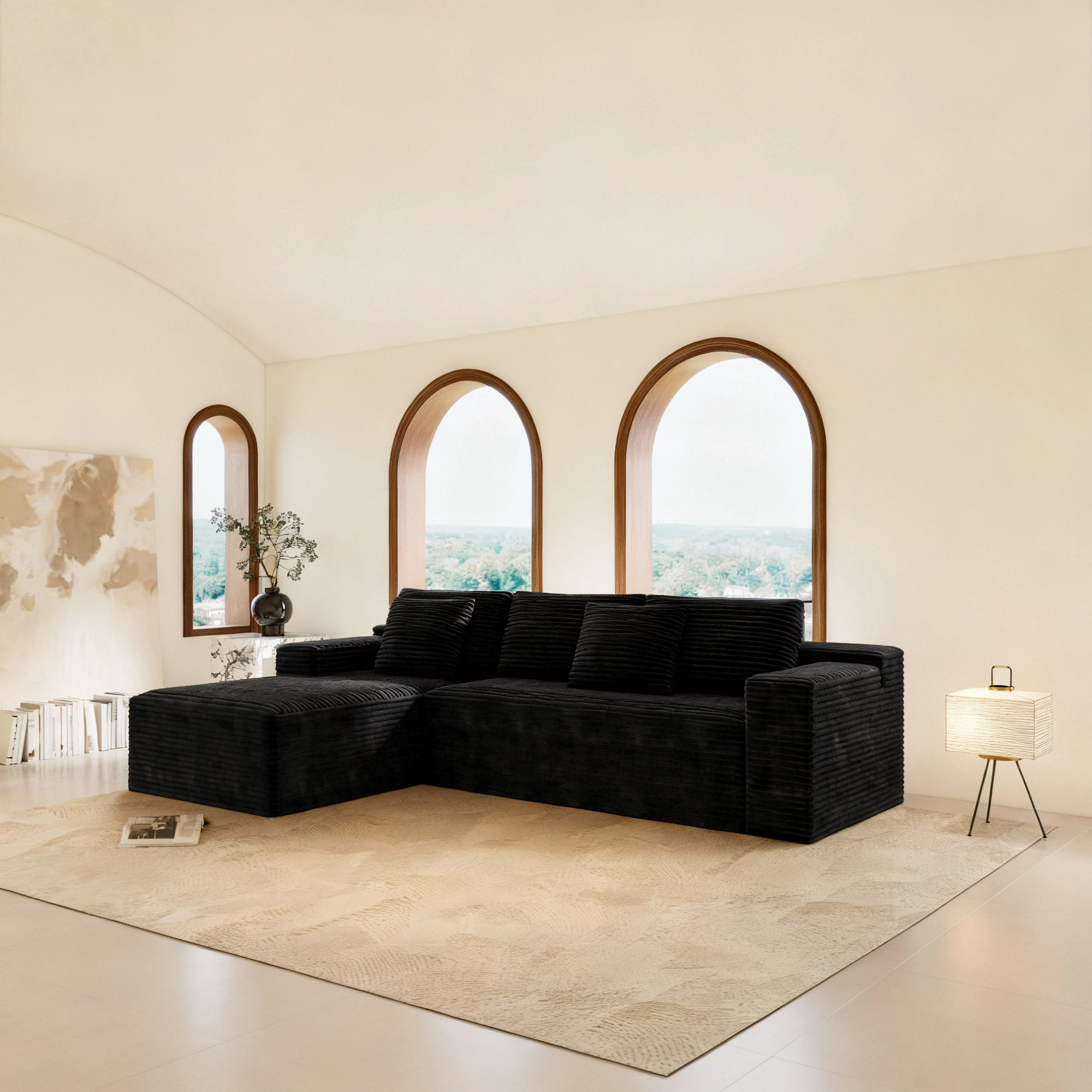 104.3*68.9"Modular sectional sofa seat,Upholstered compressed couch for living room,Bedroom,Apartment,No assembly required,2PC free combination,Plush corduroy fabric,BLACK - Image 3