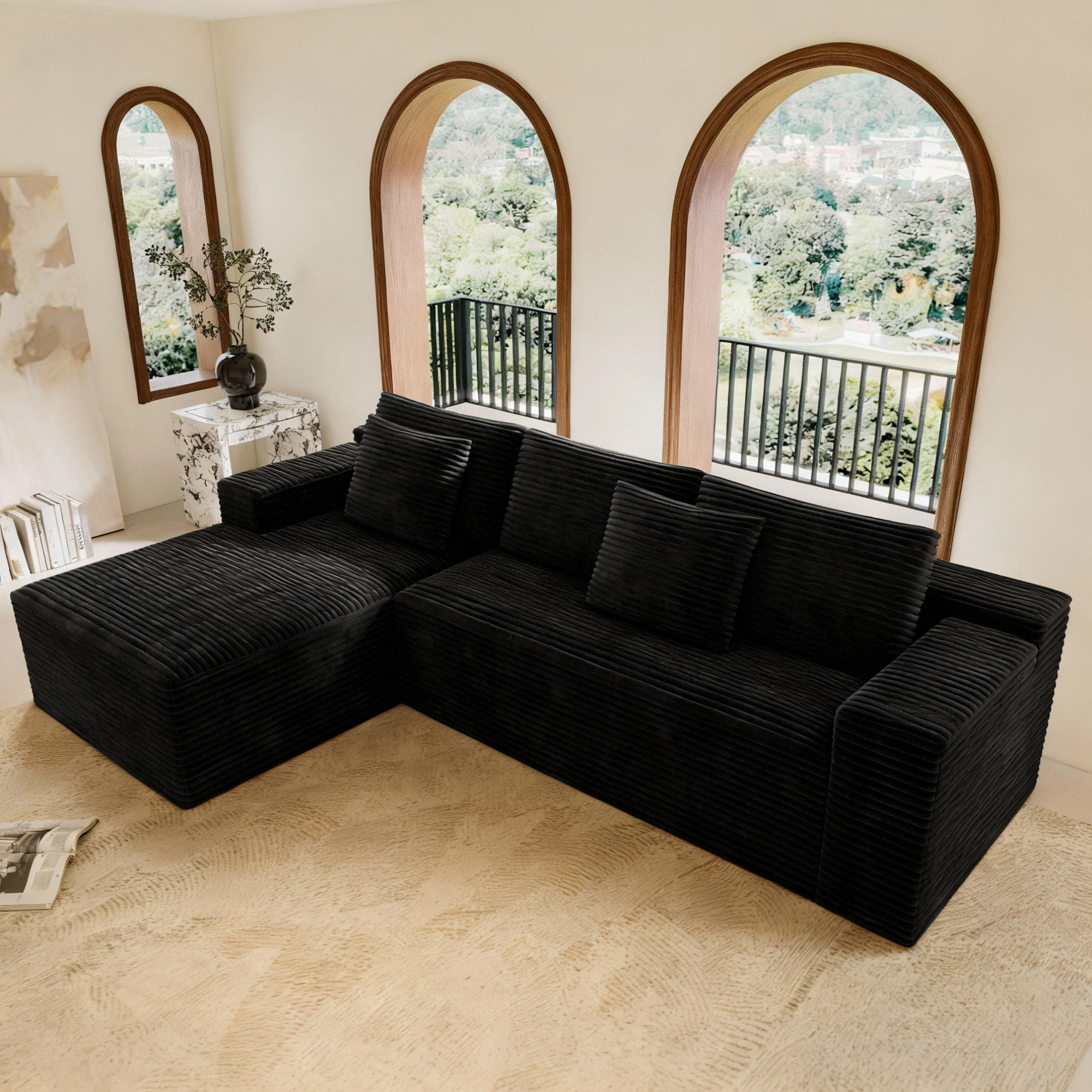 104.3*68.9"Modular sectional sofa seat,Upholstered compressed couch for living room,Bedroom,Apartment,No assembly required,2PC free combination,Plush corduroy fabric,BLACK - Image 4