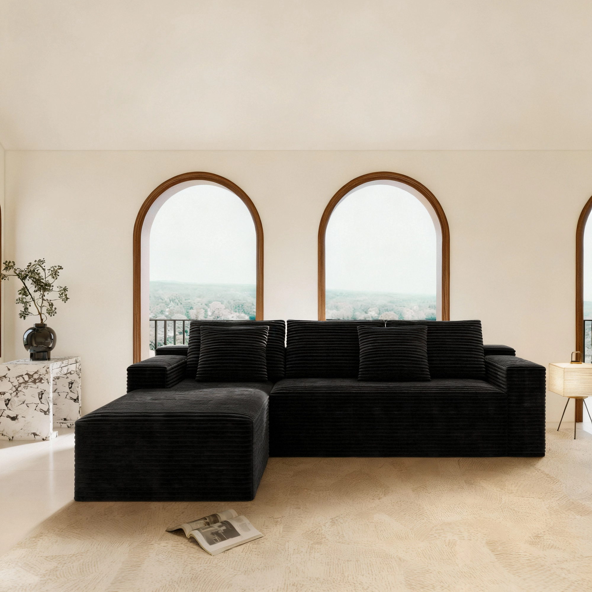 104.3*68.9"Modular sectional sofa seat,Upholstered compressed couch for living room,Bedroom,Apartment,No assembly required,2PC free combination,Plush corduroy fabric,BLACK - Image 5