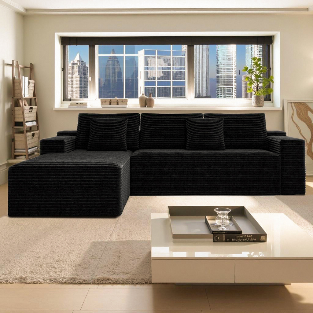104.3*68.9"Modular sectional sofa seat,Upholstered compressed couch for living room,Bedroom,Apartment,No assembly required,2PC free combination,Plush corduroy fabric,BLACK - Image 6
