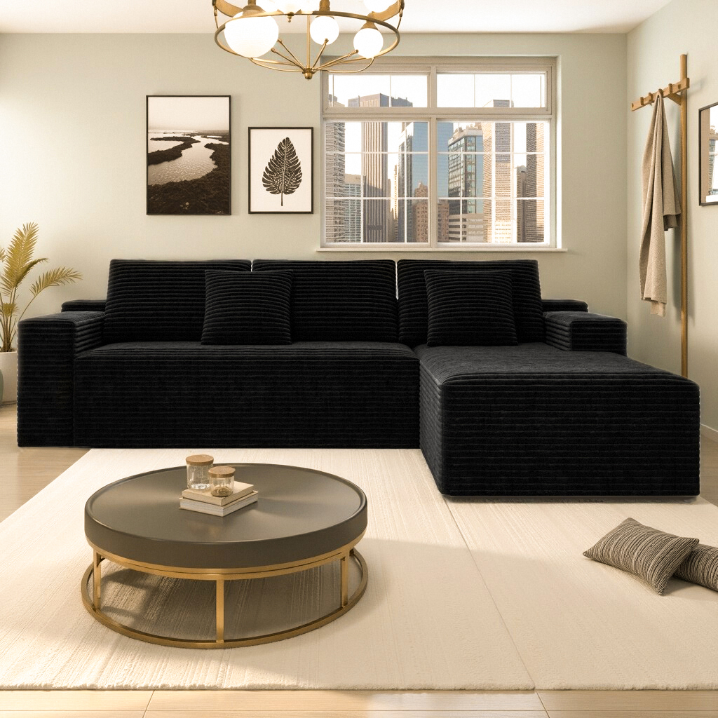 104.3*68.9"Modular sectional sofa seat,Upholstered compressed couch for living room,Bedroom,Apartment,No assembly required,2PC free combination,Plush corduroy fabric,BLACK - Image 2