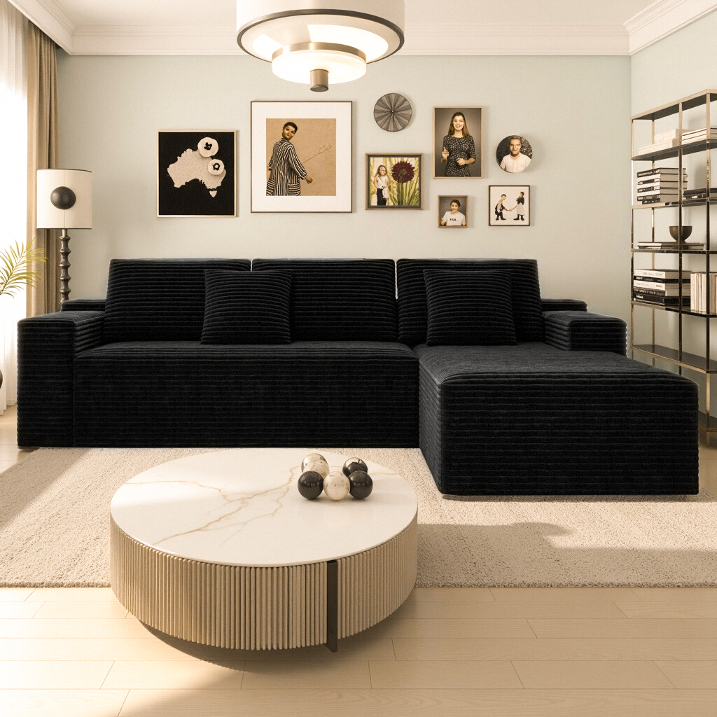 104.3*68.9"Modular sectional sofa seat,Upholstered compressed couch for living room,Bedroom,Apartment,No assembly required,2PC free combination,Plush corduroy fabric,BLACK - Image 4