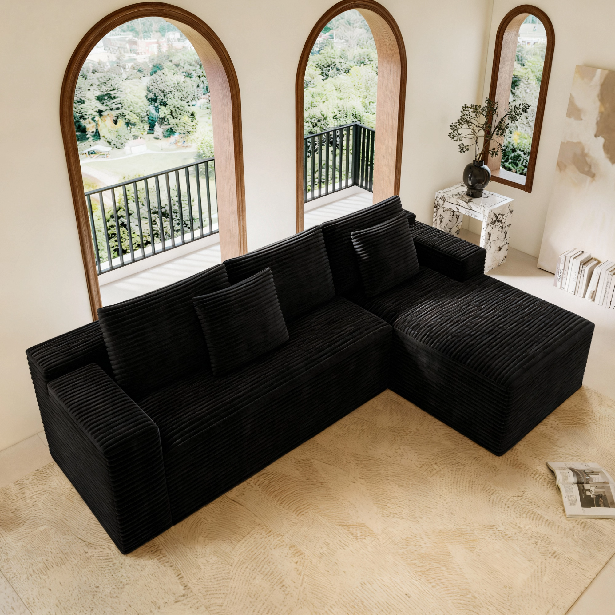 104.3*68.9"Modular sectional sofa seat,Upholstered compressed couch for living room,Bedroom,Apartment,No assembly required,2PC free combination,Plush corduroy fabric,BLACK - Image 3