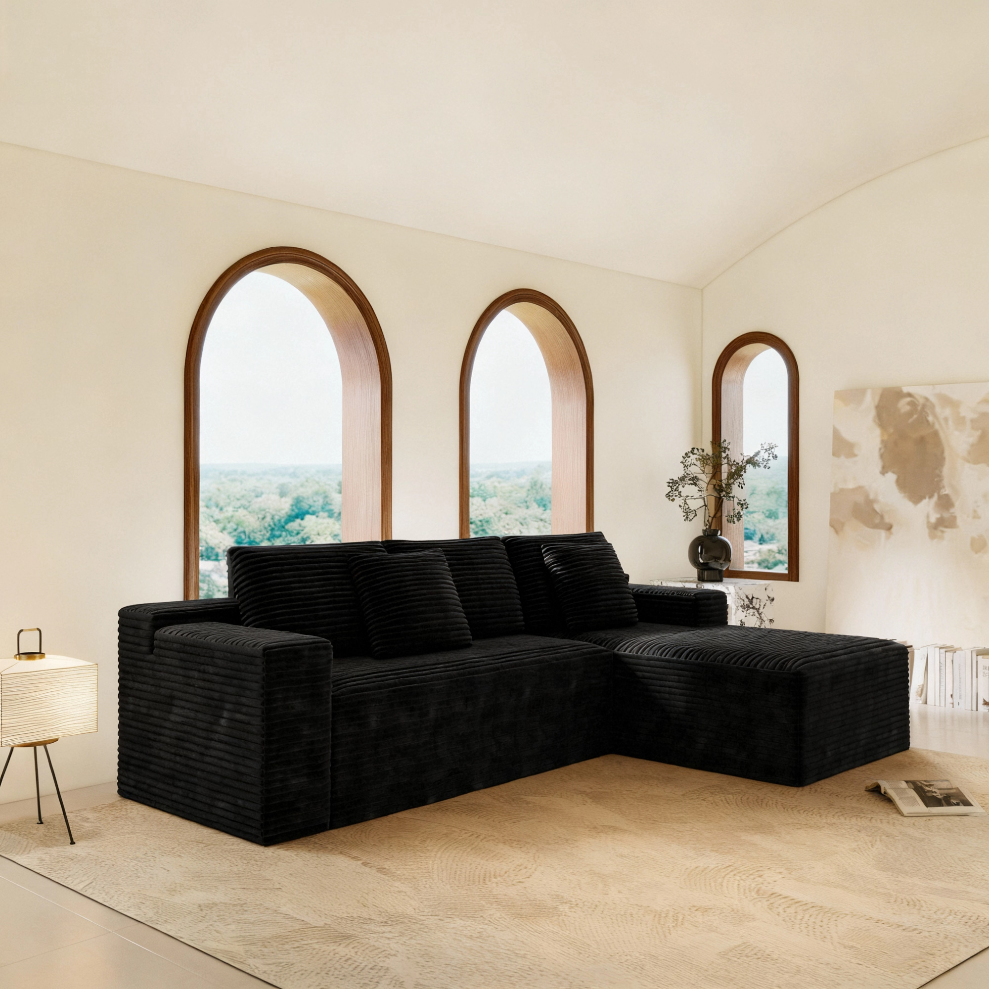104.3*68.9"Modular sectional sofa seat,Upholstered compressed couch for living room,Bedroom,Apartment,No assembly required,2PC free combination,Plush corduroy fabric,BLACK - Image 5