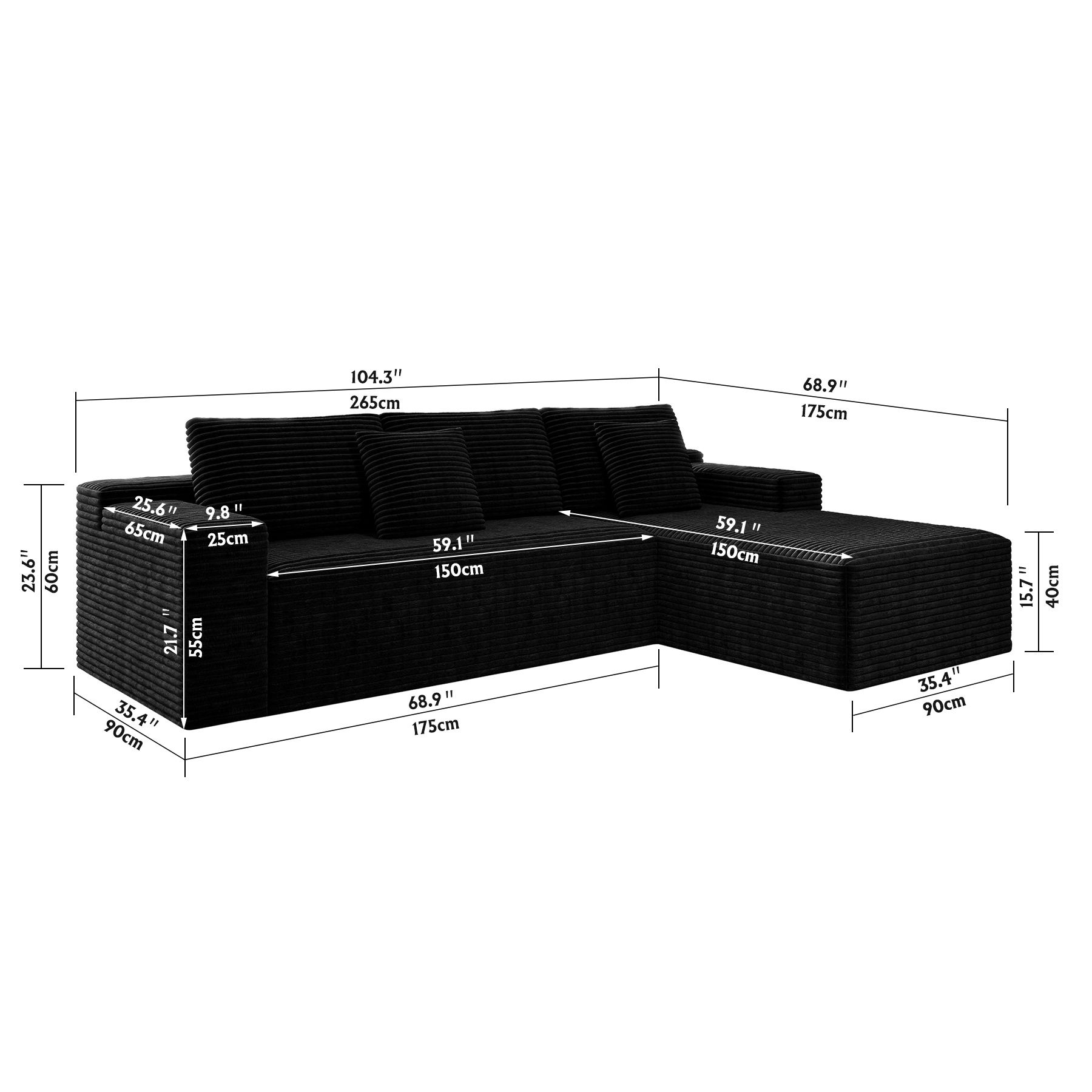 104.3*68.9"Modular sectional sofa seat,Upholstered compressed couch for living room,Bedroom,Apartment,No assembly required,2PC free combination,Plush corduroy fabric,BLACK - Image 6