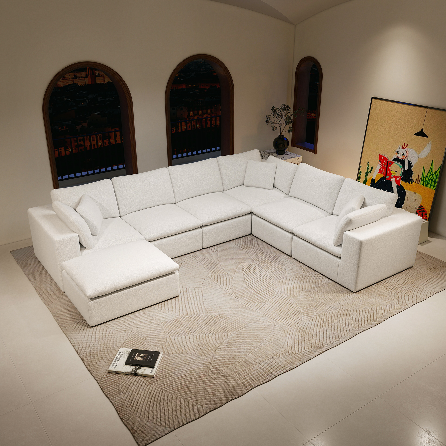 137.8*108.3"Modular sectional sofa seat,Upholstered compressed couch for living room,Bedroom,Apartment,No assembly required,7PC free combination,Plush corduroy fabric,WHITE - Image 2