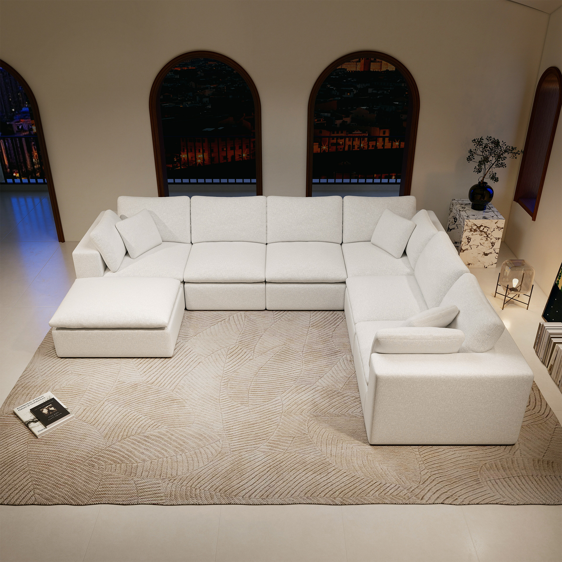 137.8*108.3"Modular sectional sofa seat,Upholstered compressed couch for living room,Bedroom,Apartment,No assembly required,7PC free combination,Plush corduroy fabric,WHITE - Image 3