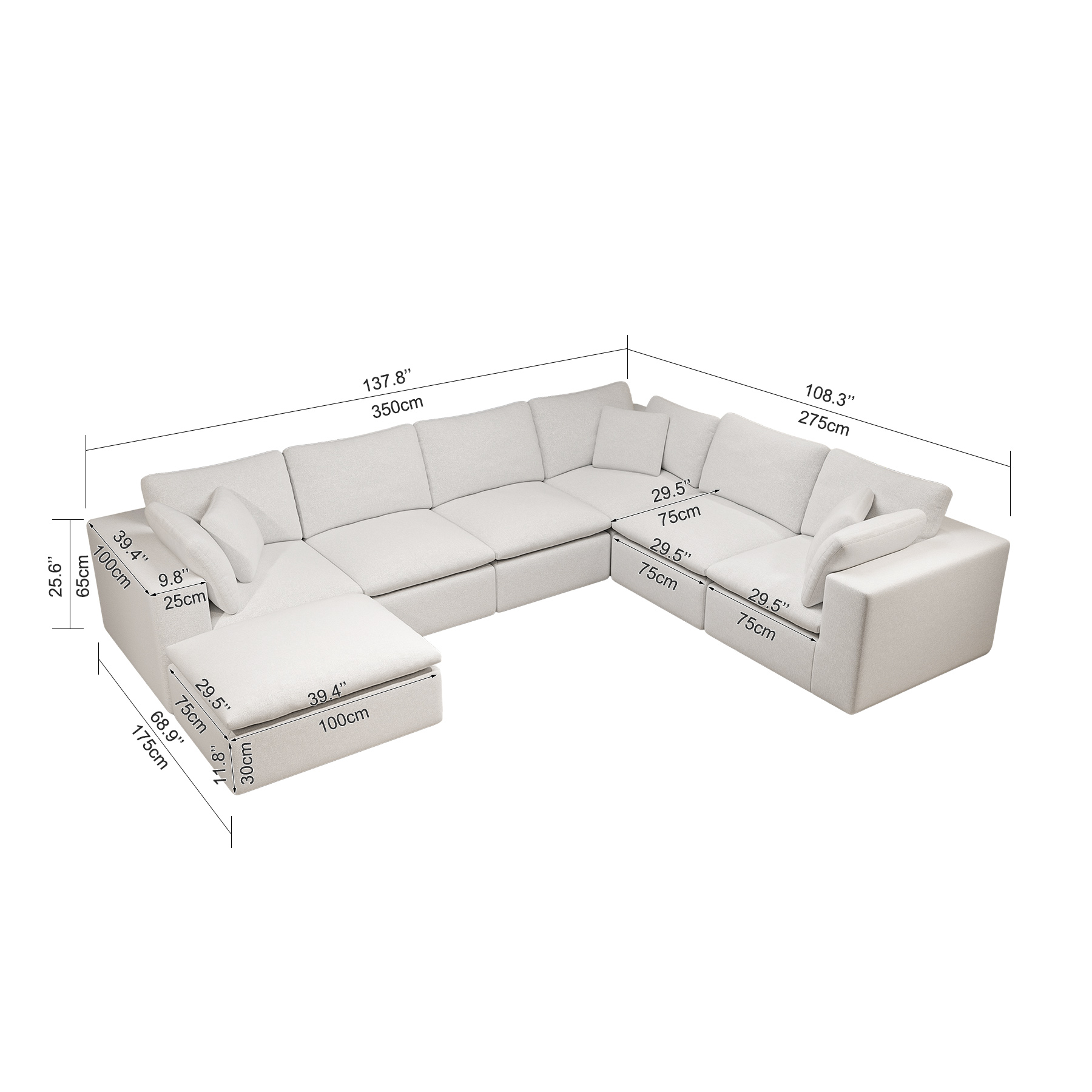 137.8*108.3"Modular sectional sofa seat,Upholstered compressed couch for living room,Bedroom,Apartment,No assembly required,7PC free combination,Plush corduroy fabric,WHITE - Image 4
