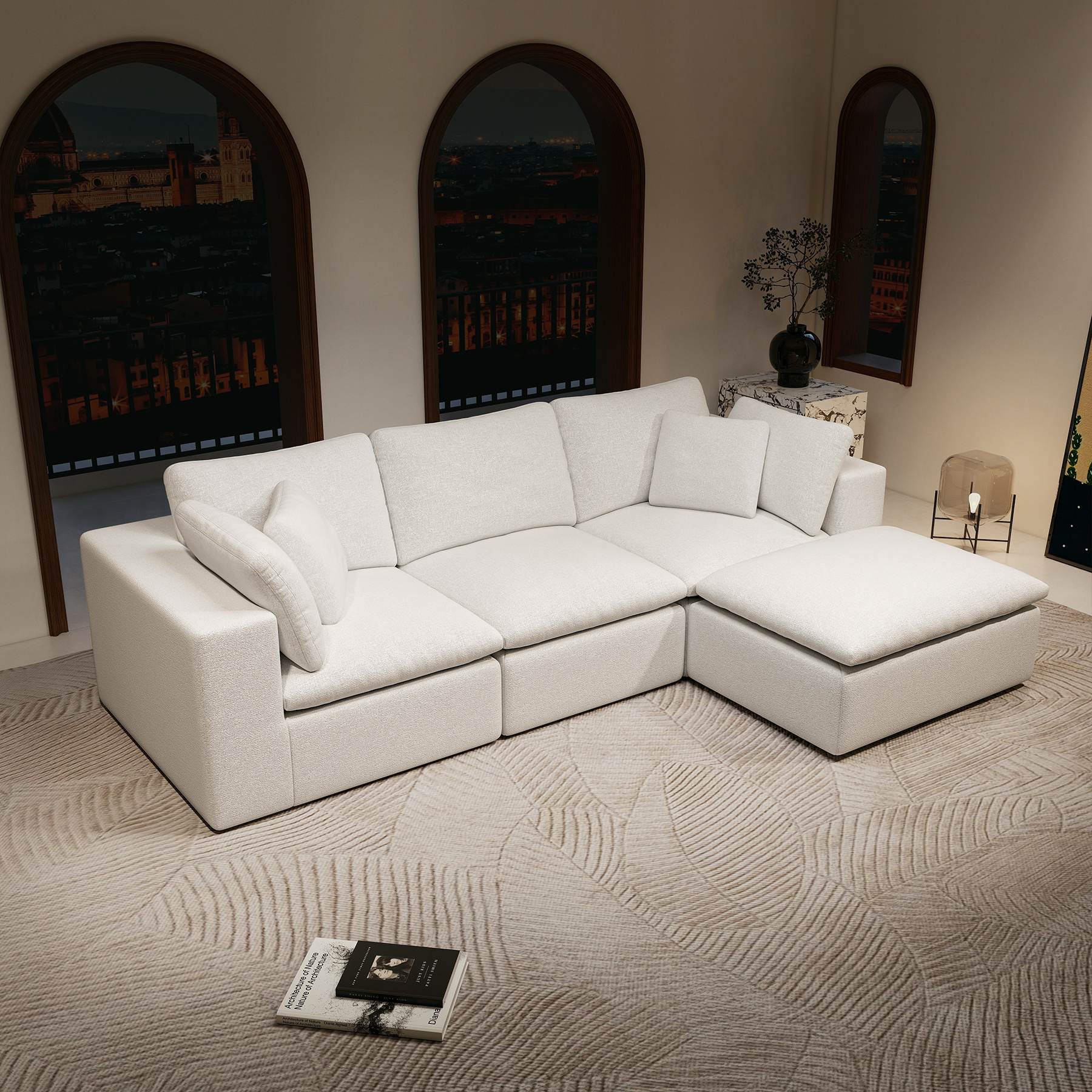 108.3*68.9"Modular sectional sofa seat,Upholstered compressed couch for living room,Bedroom,Apartment,No assembly required,4PC free combination,Plush corduroy fabric,WHITE - Image 2
