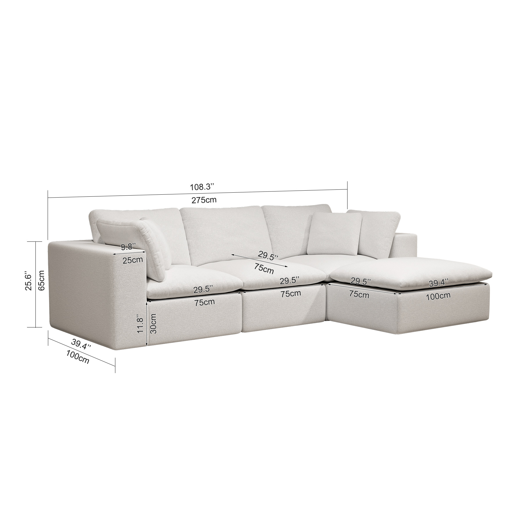 108.3*68.9"Modular sectional sofa seat,Upholstered compressed couch for living room,Bedroom,Apartment,No assembly required,4PC free combination,Plush corduroy fabric,WHITE - Image 4