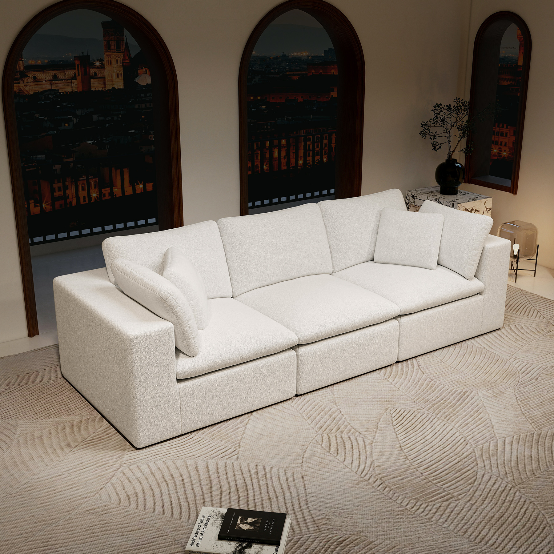 108.3*39.4"Modular sectional sofa seat,Upholstered compressed couch for living room,Bedroom,Apartment,No assembly required,3PC free combination,Plush corduroy fabric,WHITE - Image 2