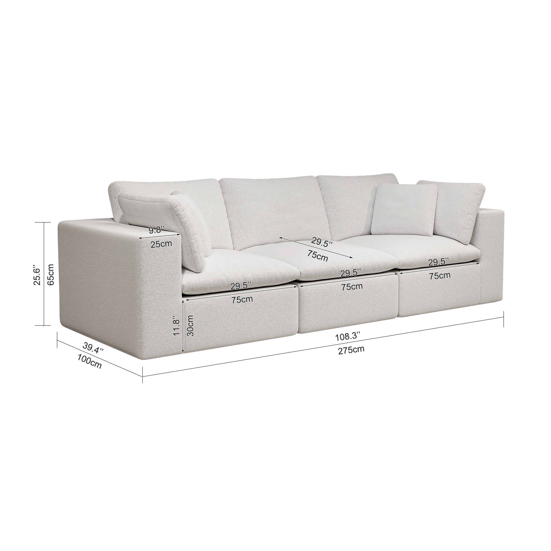 108.3*39.4"Modular sectional sofa seat,Upholstered compressed couch for living room,Bedroom,Apartment,No assembly required,3PC free combination,Plush corduroy fabric,WHITE - Image 4